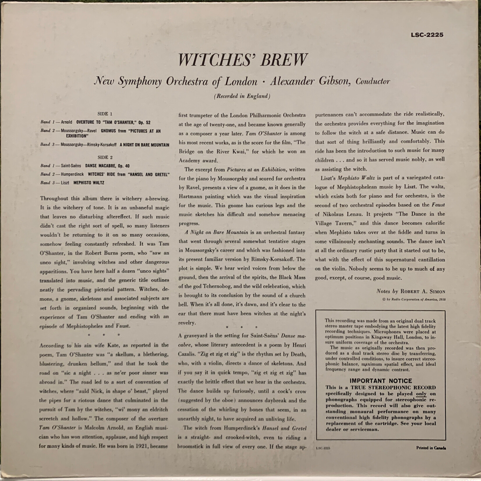 [Kollectible Vinyl] New Symphony Orchestra Of London, Alexander Gibson: Witches' Brew (1958, Canada, VG+) [RCA]