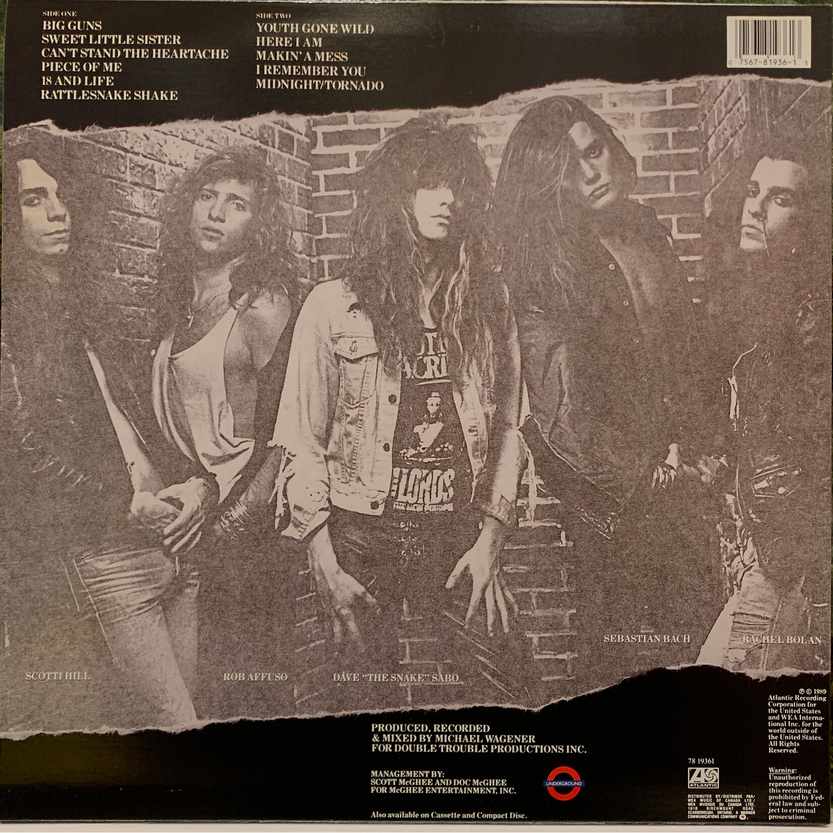 [Kollectible Vinyl] Skid Row: Self Titled (1989, Canada, VG+) [ATLANTIC]