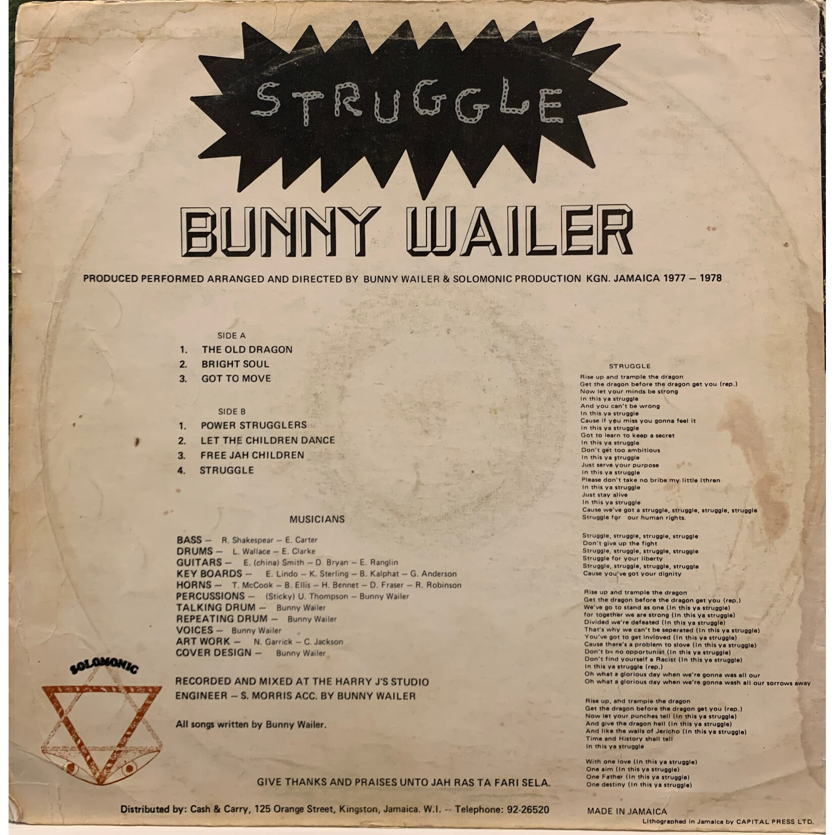 [Kollectible Vinyl] Bunny Wailer: Struggle (1979, Jamaica, Small Crack, VG) [SOLOMONIC]