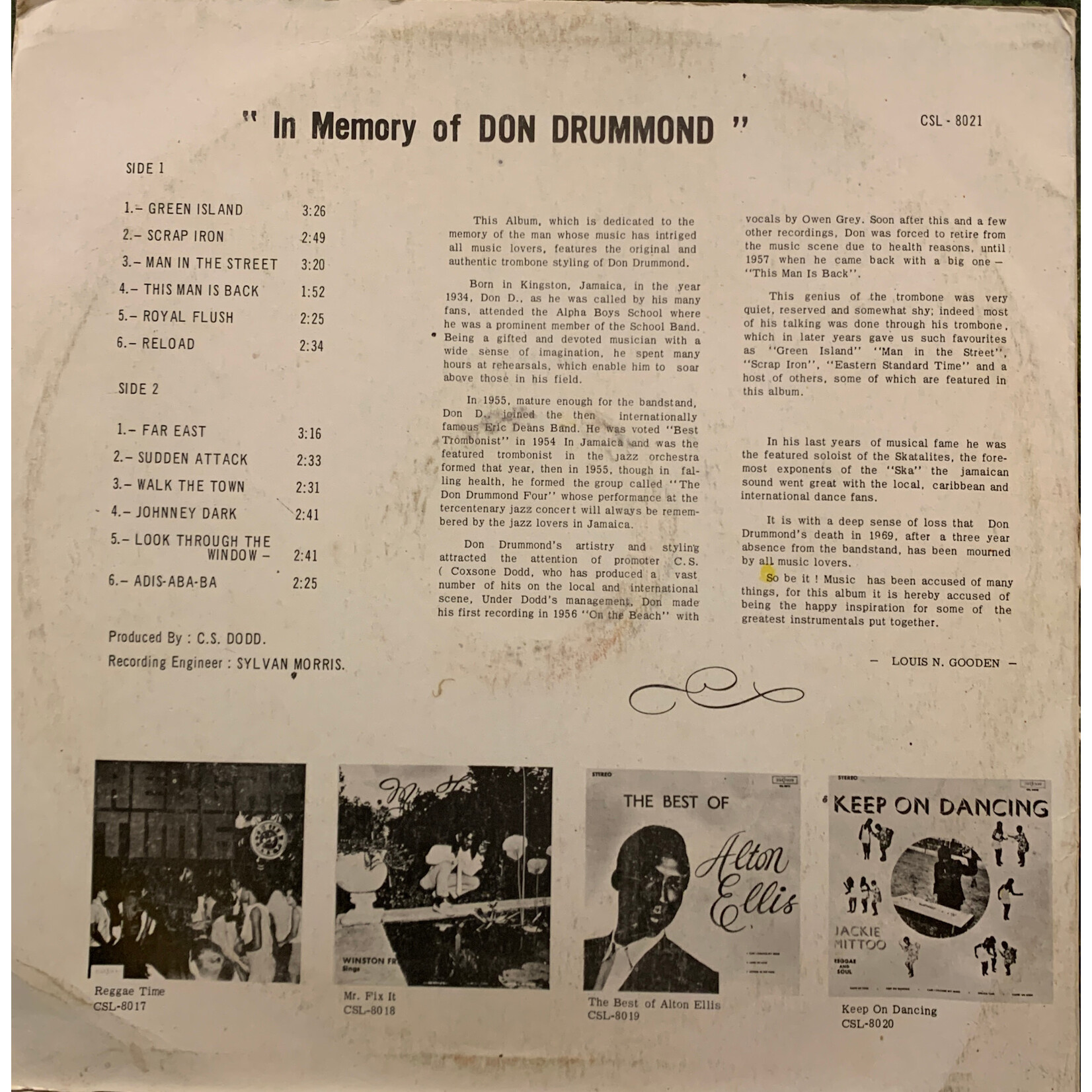 [Kollectible Vinyl] Drummond, Don: In Memory Of Don Drummond (1970, Jamaica, VG) [STUDIO ONE]