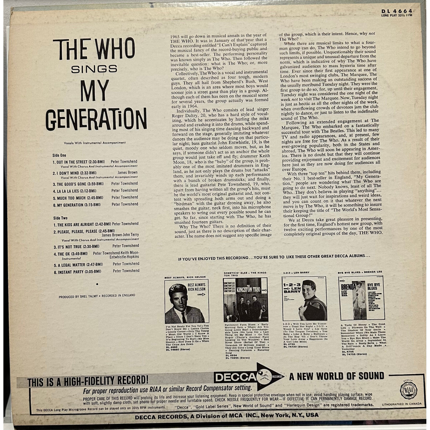 [Kollectible Vinyl] The Who: The Who Sings My Generation (1966, Canada, Mono, VG+) [DECCA]