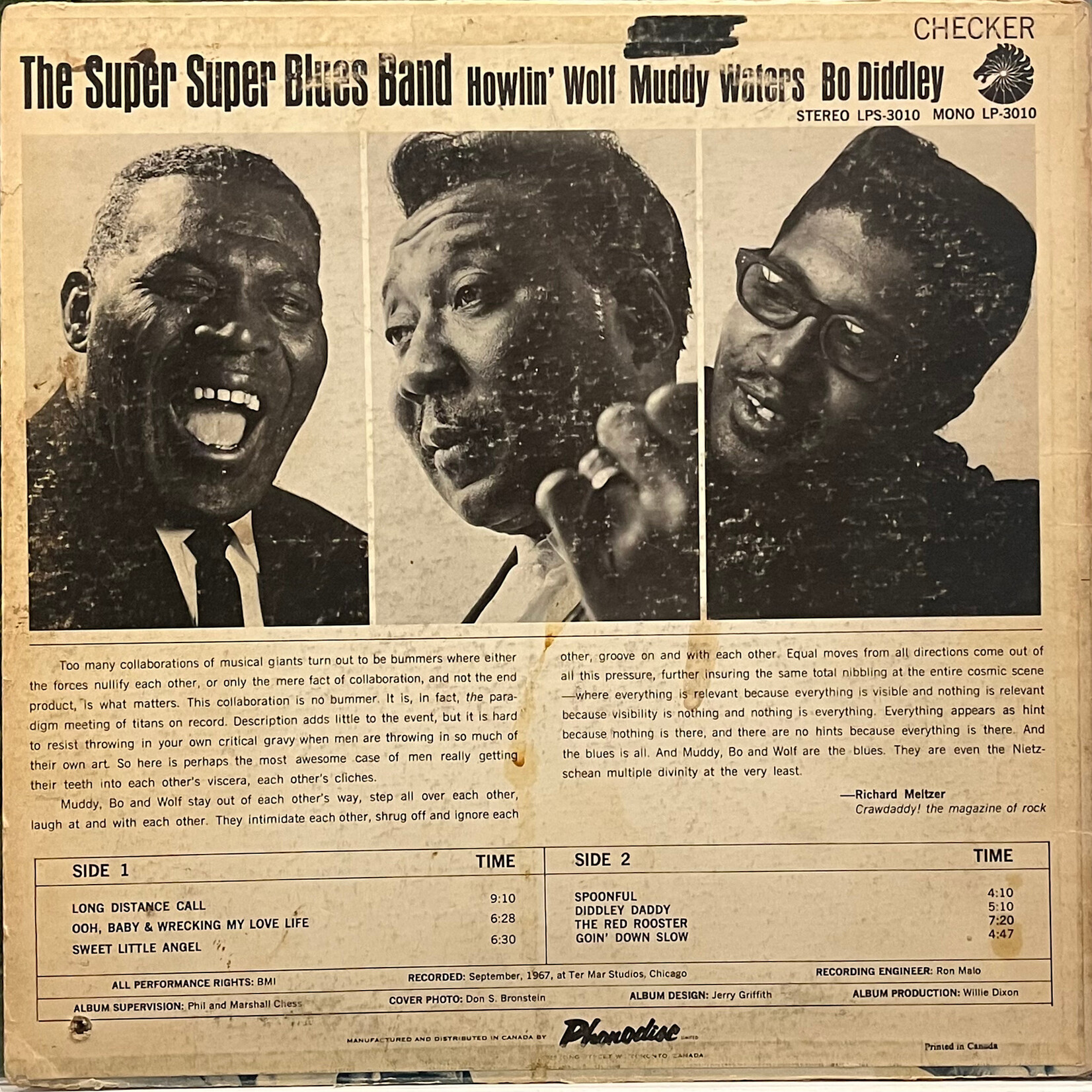 [Kollectible Vinyl] Howlin' Wolf, Muddy Waters & Bo Diddley: The Super Super Blues Band (1967, Canada, Disc VG) [CHECKER]