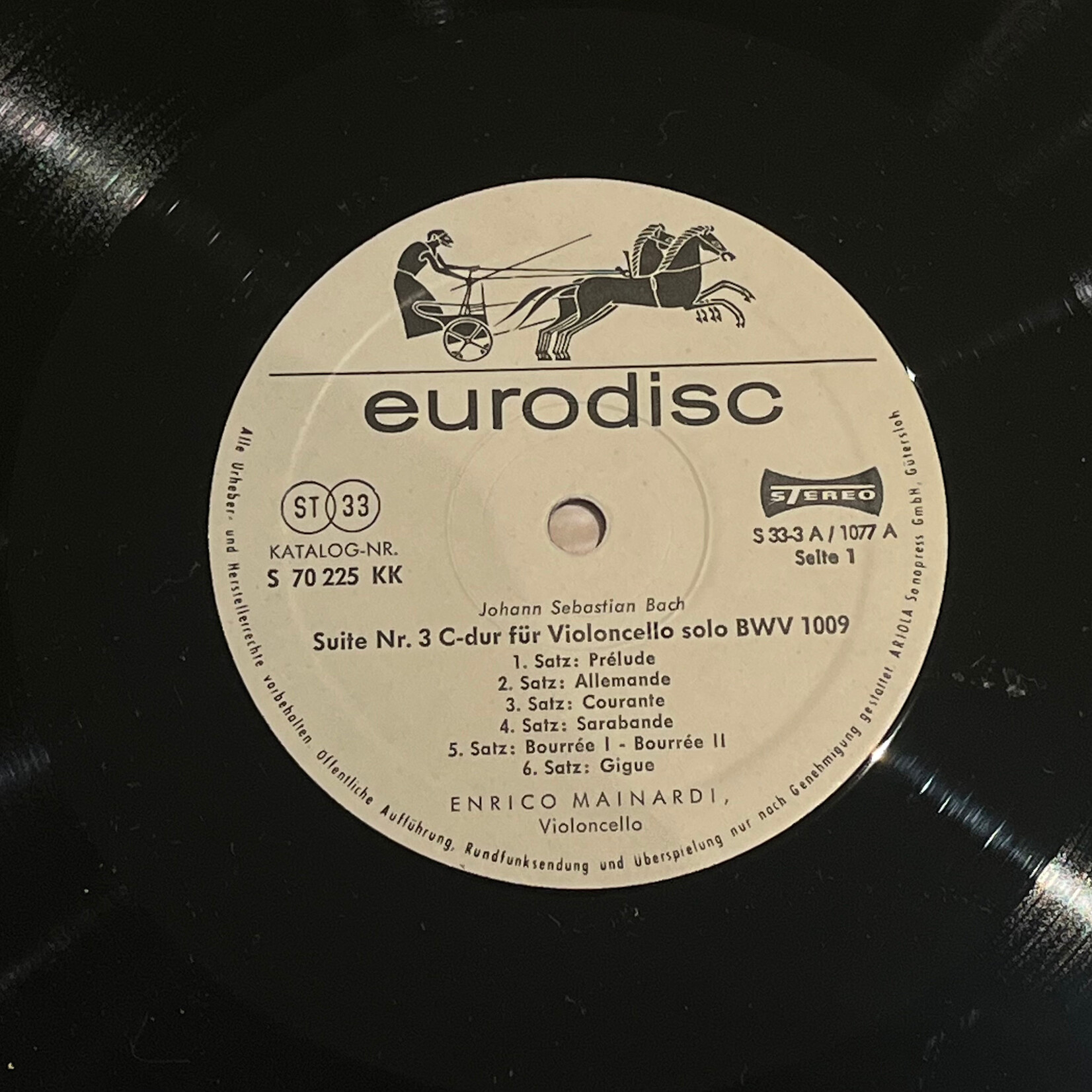 [Kollectible Vinyl] Bach, Johann Sebastian & Enrico Mainardi : Suiten Für Violoncello Solo Nr. 3 C-dur, BWV 1009 / Nr. 4 Es-dur, BWV 1010 (1963, Germany, EX) [EURODISC]