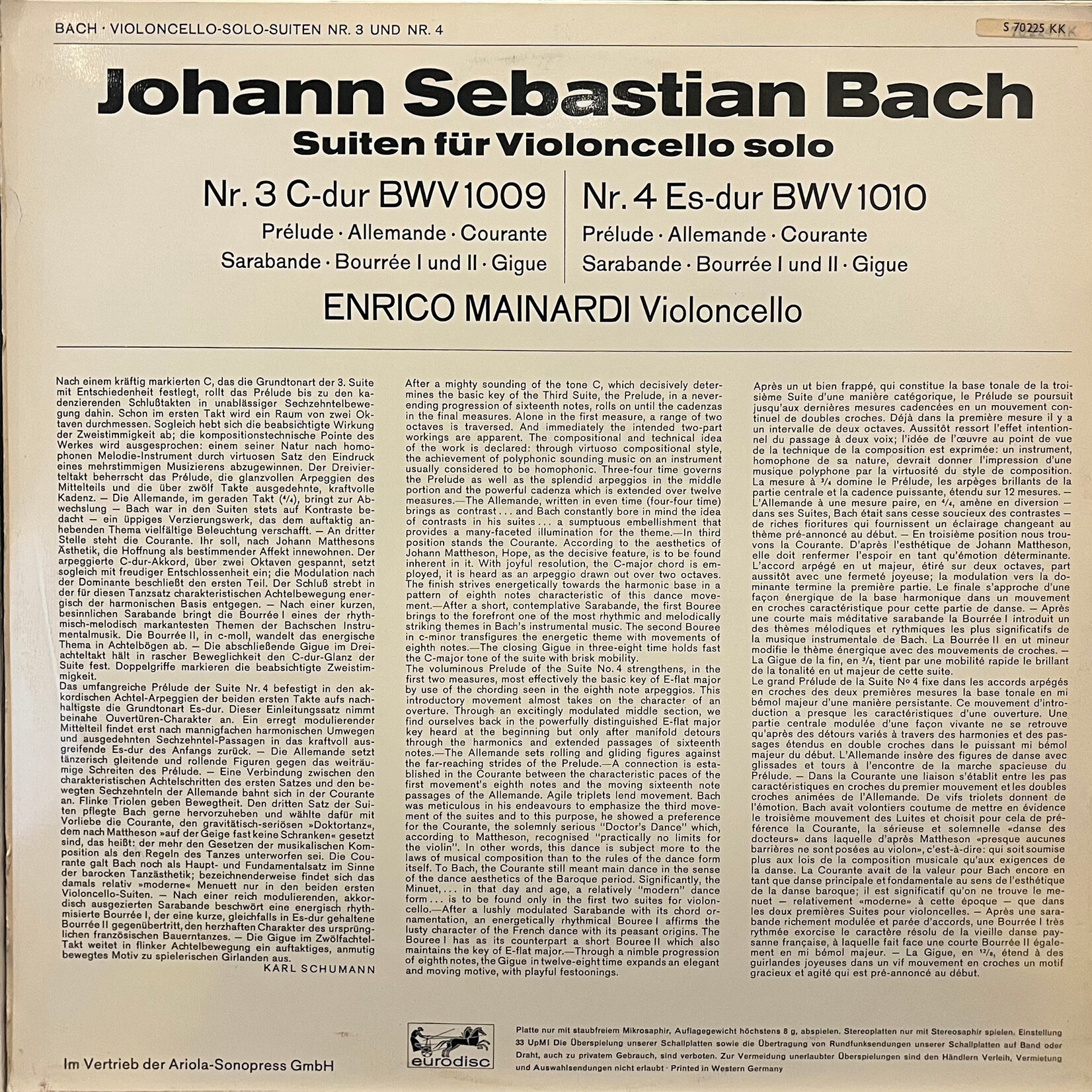 [Kollectible Vinyl] Bach, Johann Sebastian & Enrico Mainardi : Suiten Für Violoncello Solo Nr. 3 C-dur, BWV 1009 / Nr. 4 Es-dur, BWV 1010 (1963, Germany, EX) [EURODISC]