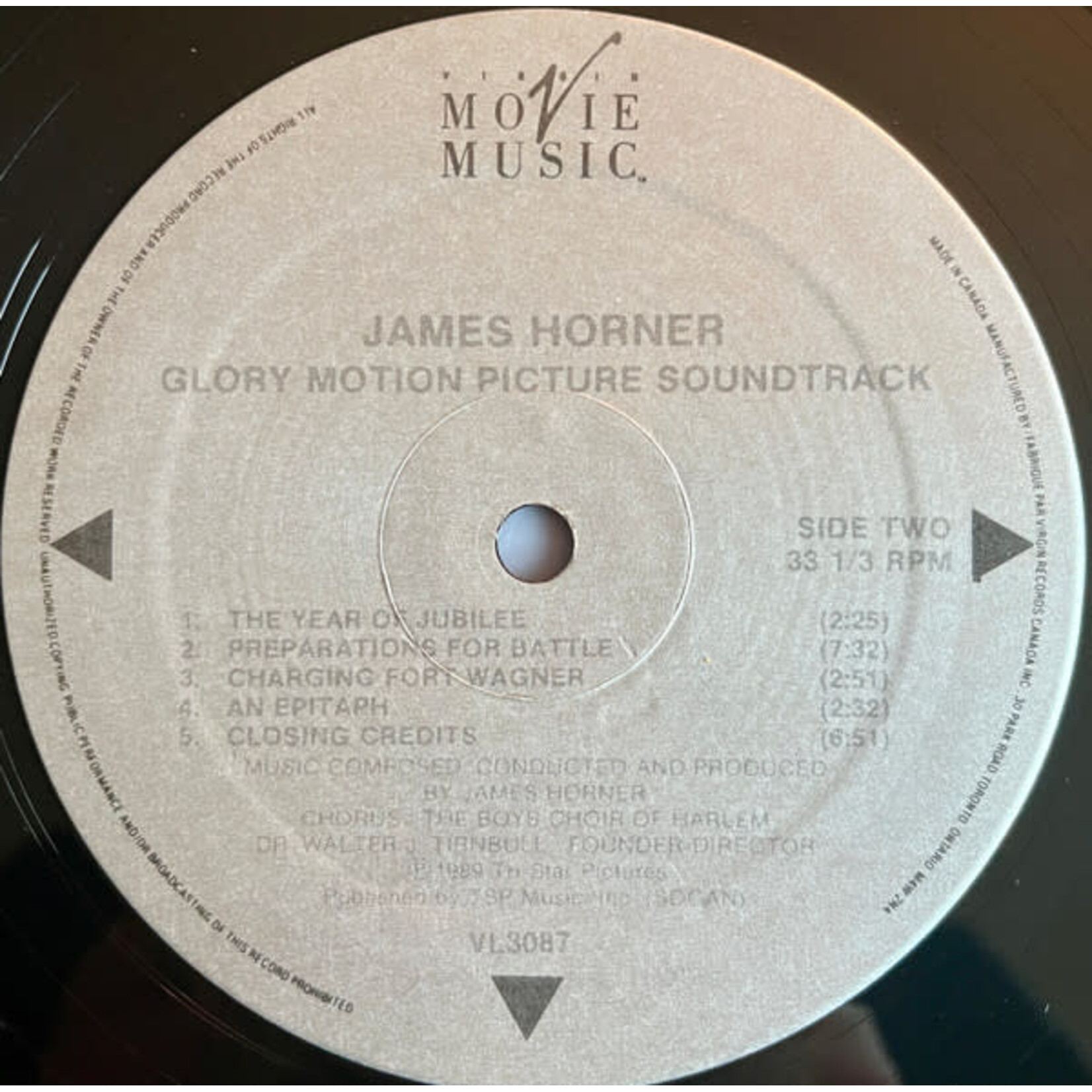 [Kollectible Vinyl] Horner, James: Glory (1989, Canada, VG+, OST) [VIRGIN MOVIE MUSIC]