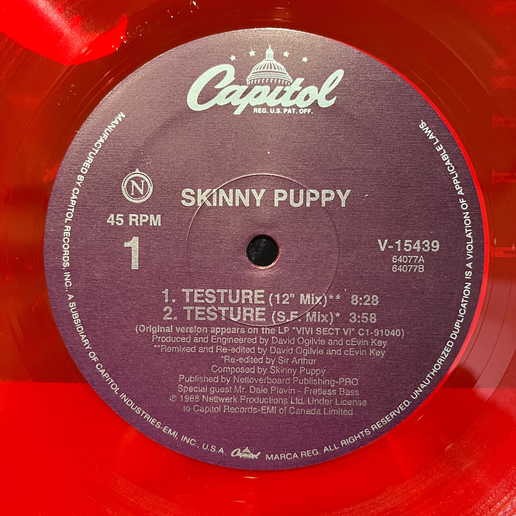 [Kollectible Vinyl] Skinny Puppy: Testure (Clear Red Vinyl, 12" EP, 1989, USA, VG) [CAPITOL]