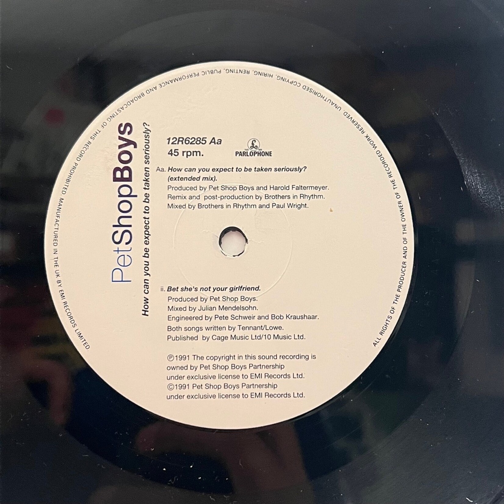 [Nick's Disk Pics] Pet Shop Boys: Where the Streets Have No Name / How Can You Expect to Be Taken Seriously (1991, UK, 12", VG+) [PARLOPHONE]