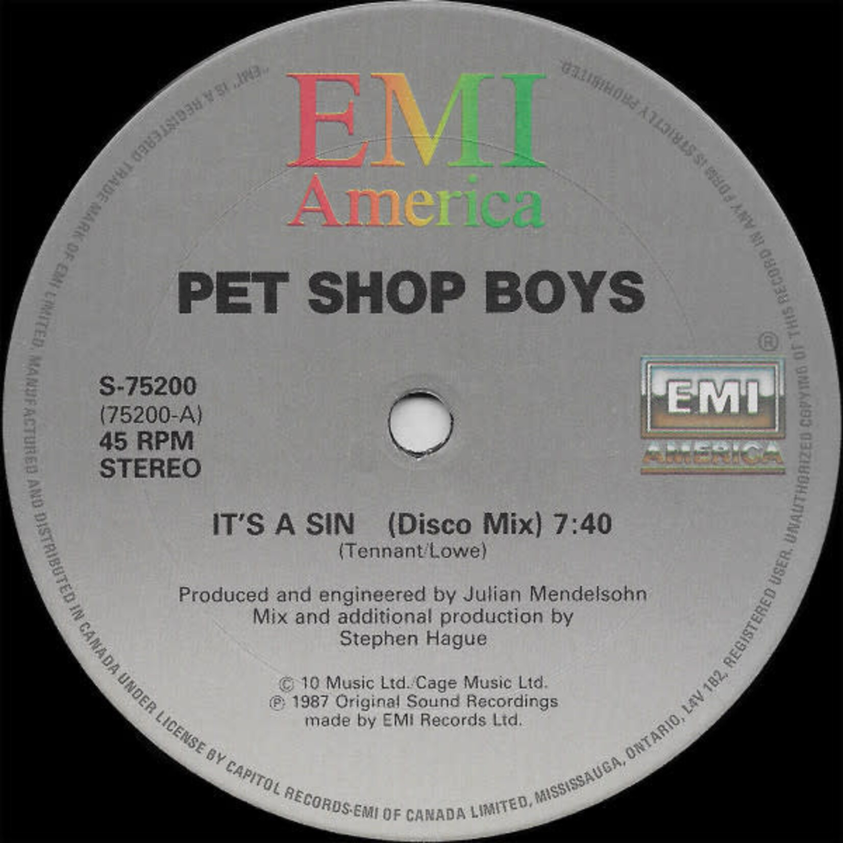 [Nick's Disk Pics] Pet Shop Boys: It's a Sin / You know Where You Went Wrong (1987, CANADA, 12" rpm, VG+)[EMI]