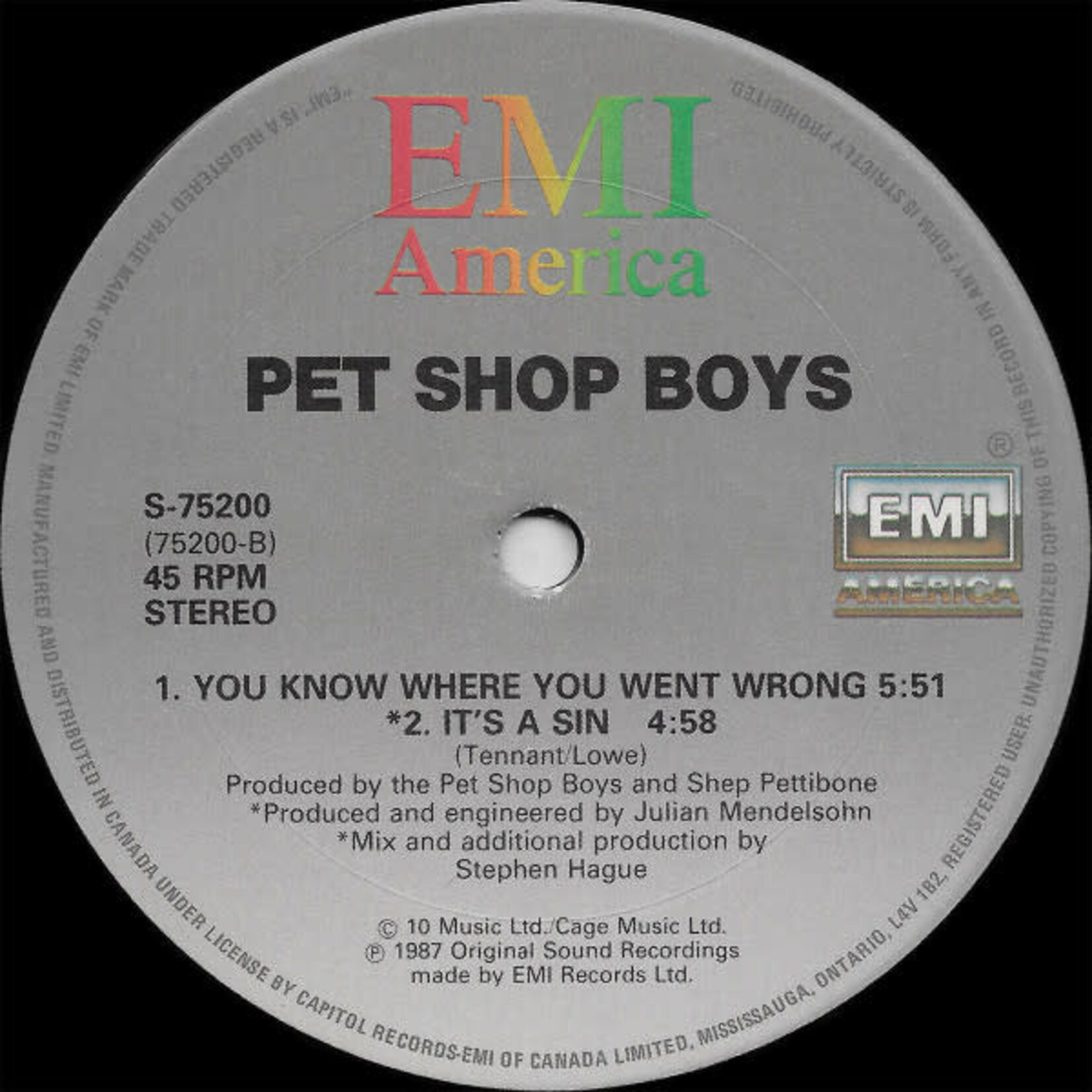 [Nick's Disk Pics] Pet Shop Boys: It's a Sin / You know Where You Went Wrong (1987, CANADA, 12" rpm, VG+)[EMI]