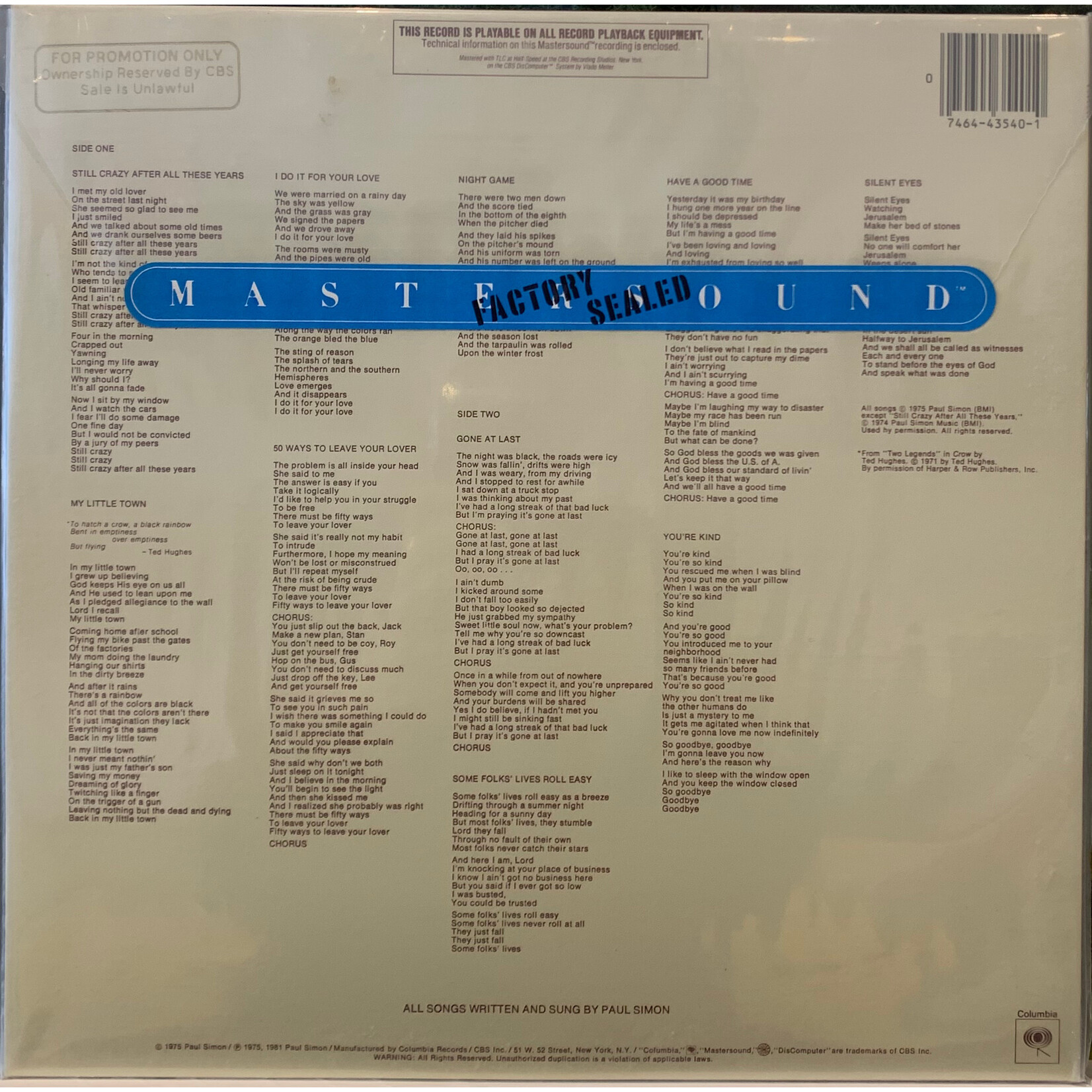 [Kollectible Vinyl] Simon, Paul: Still Crazy After All These Years (1981, USA, Promo, Audiophile, Sealed) [COLUMBIA]