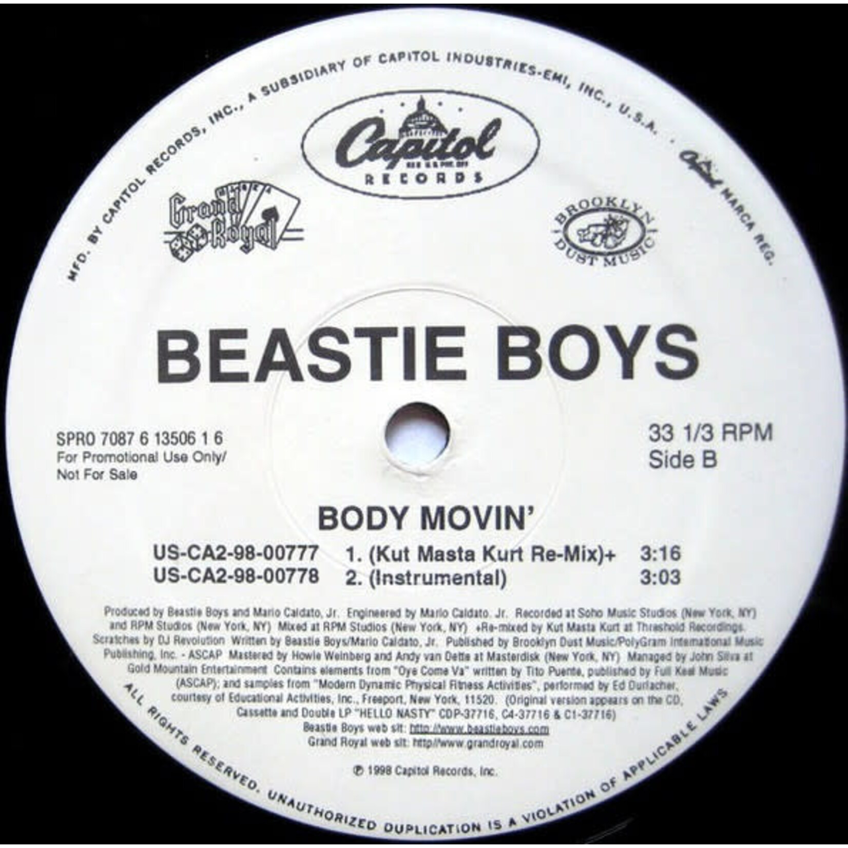 [Nick's Disk Pics] Beastie Boys: Body Movin' (Remixes) (1998, USA, 12" Promo, Ex)  [CAPITOL]