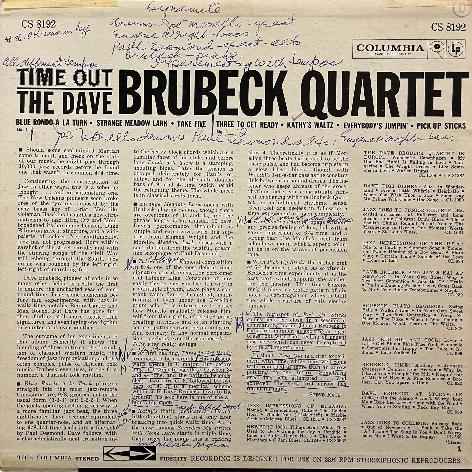 [Nick's Disk Pics] Dave Brubeck Quartet: Time Out (1961, US, Original Cover, early Stereo, VG+)[COLUMBIA]