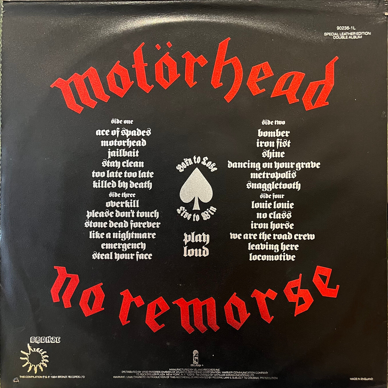 [Nick's Disk Pics] Motörhead: No Remorse (1984, Canada, 1st Press, Leather Sleeve, VG+)[BRONZE]