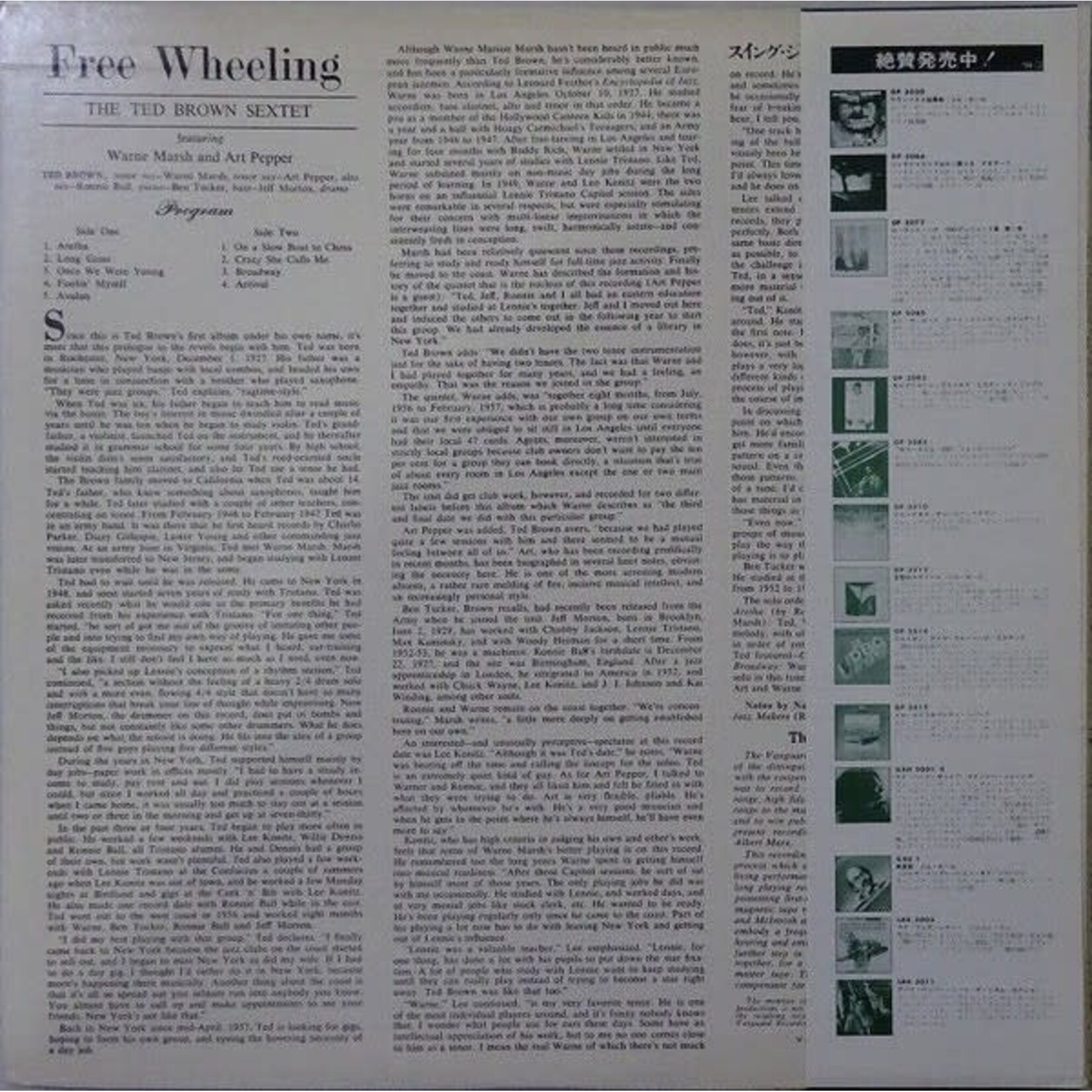 [Japanese Vintage] Ted Brown Sextet Featuring Warne Marsh And Art Pepper: Free Wheeling (no OBI) [JAPANESE VINTAGE]