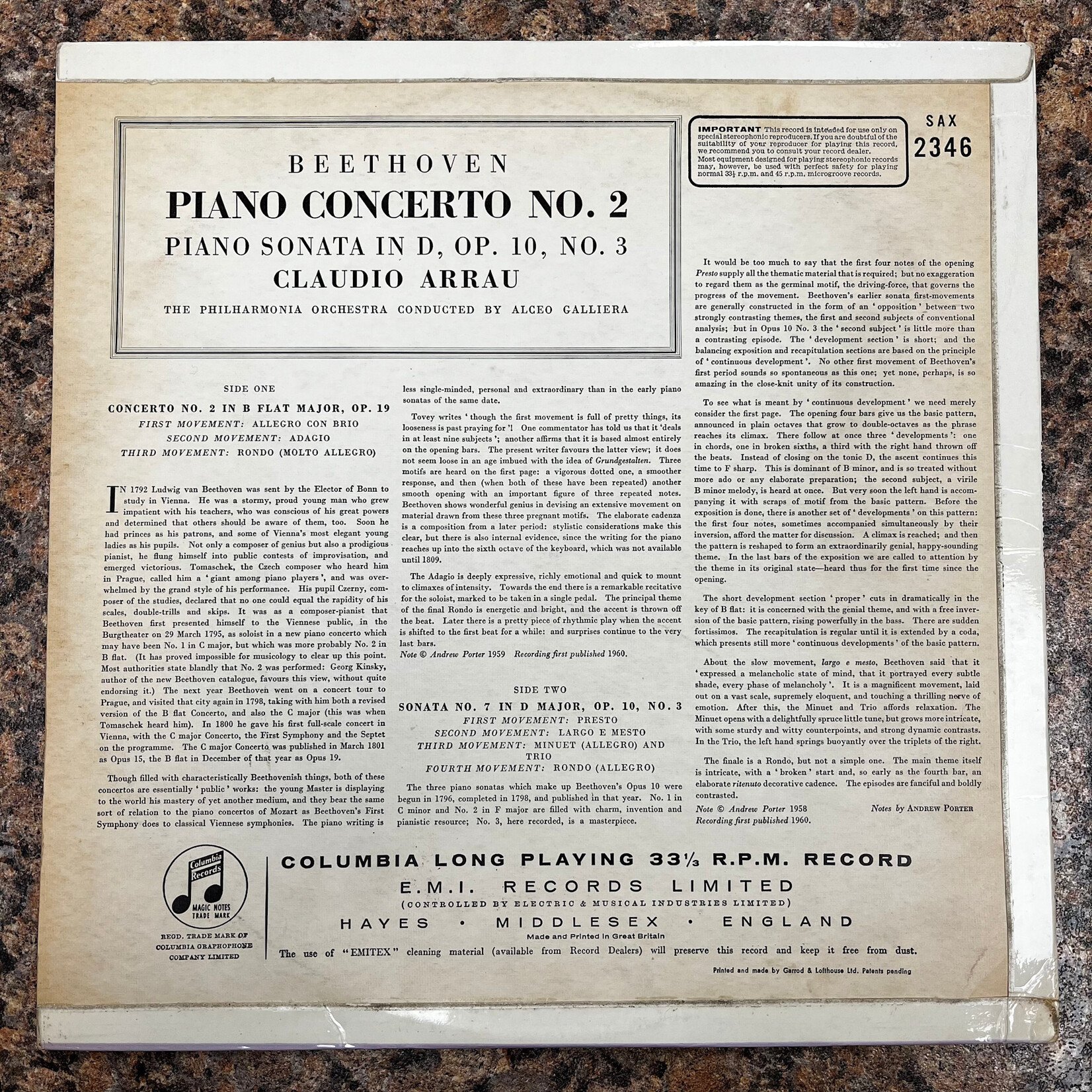 [Kollectible Vinyl] Beethoven, Claudio Arrau, Philharmonia, Alceo Galliera: Piano Concerto No. 2 / Piano Sonata In D. Op. 10, No. 3. [COLUMBIA]