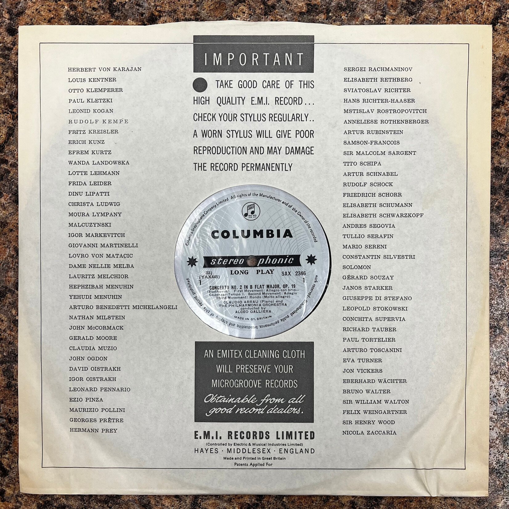 [Kollectible Vinyl] Beethoven, Claudio Arrau, Philharmonia, Alceo Galliera: Piano Concerto No. 2 / Piano Sonata In D. Op. 10, No. 3. [COLUMBIA]
