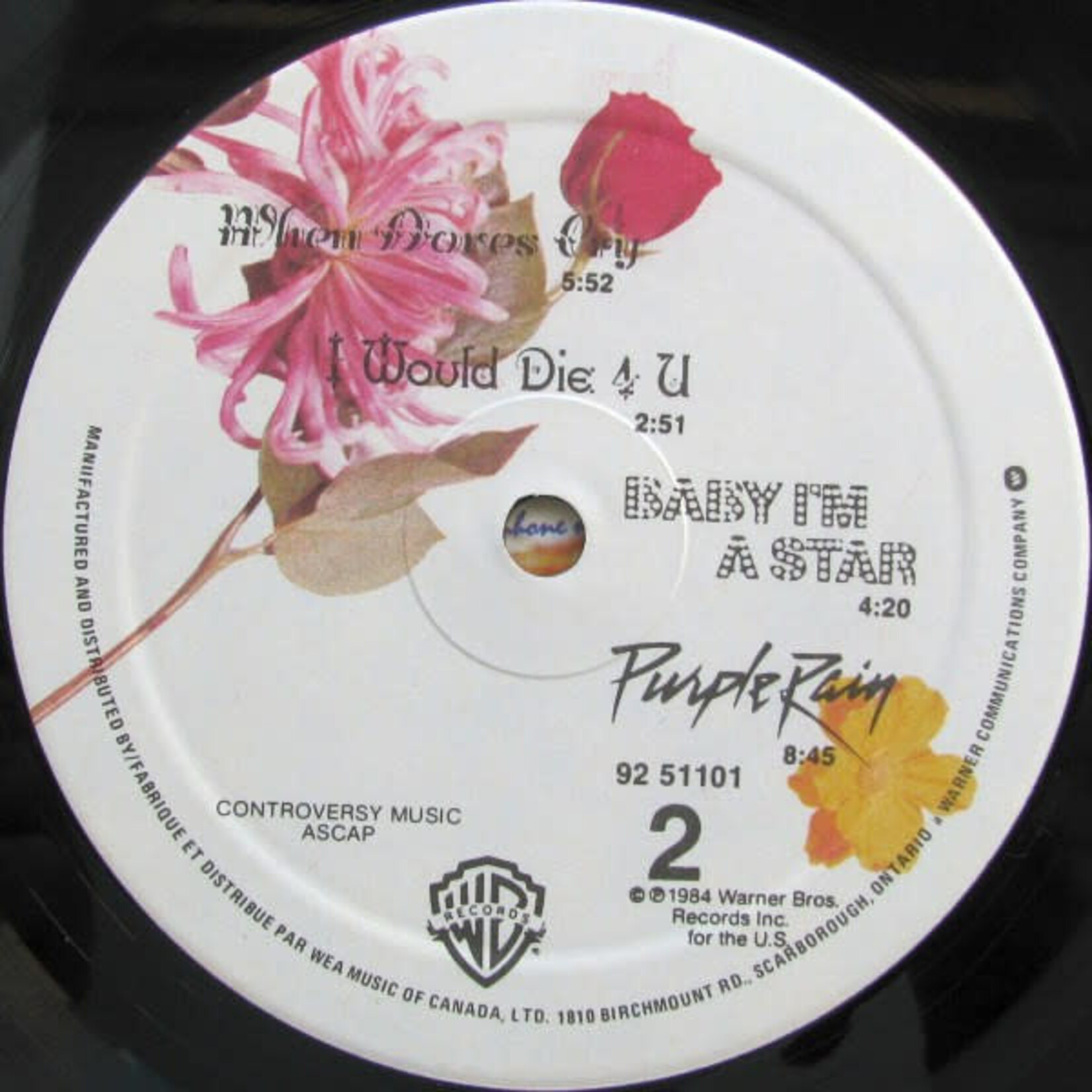 [Kollectible Vinyl] Prince: Purple Rain (1984, Canada, Mislabeled 2 Sides "B", VG+) [WARNER BROTHERS]