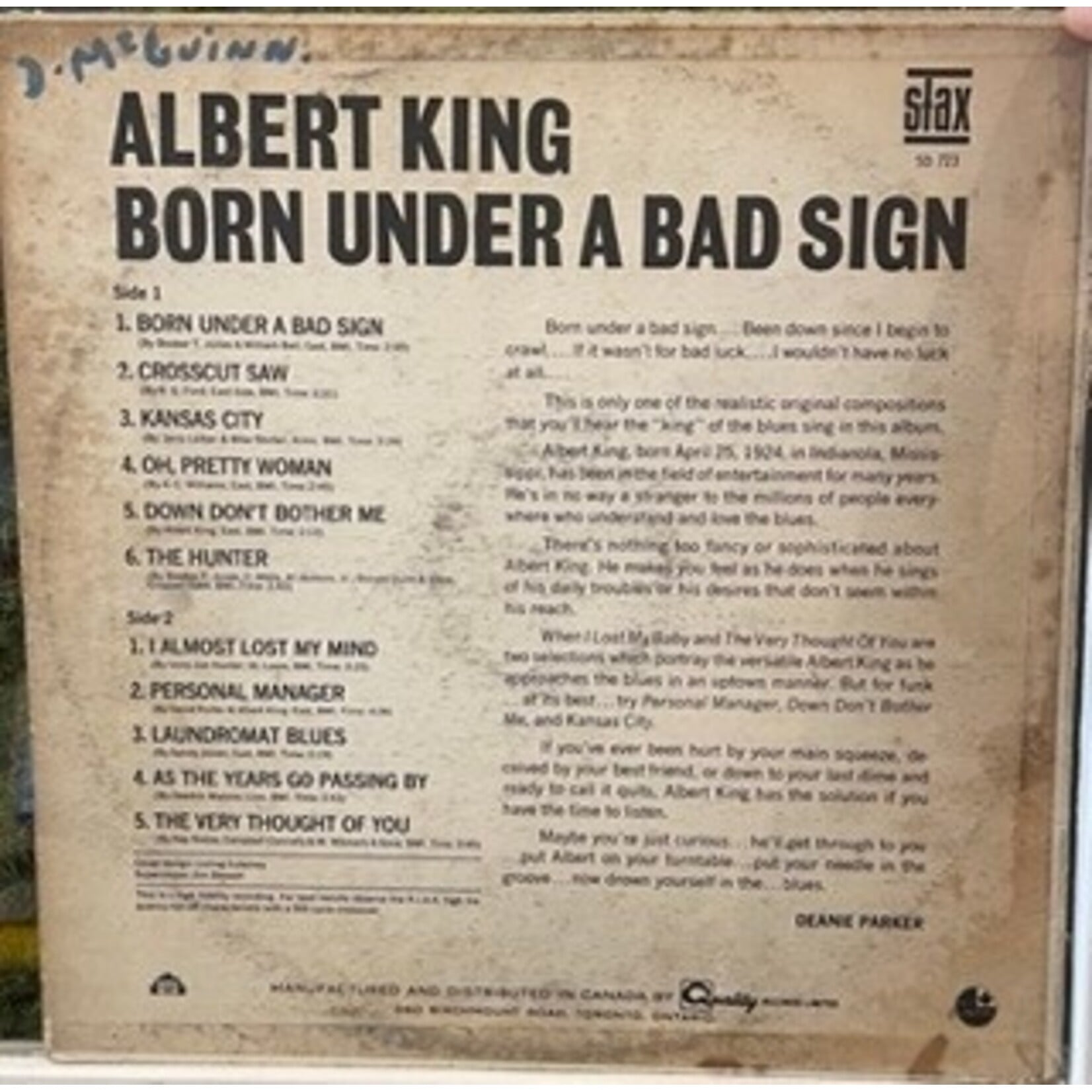 [Kollectible Vinyl] King, Albert: Born Under A Bad Sign (1967, Canada, G+) [STAX]