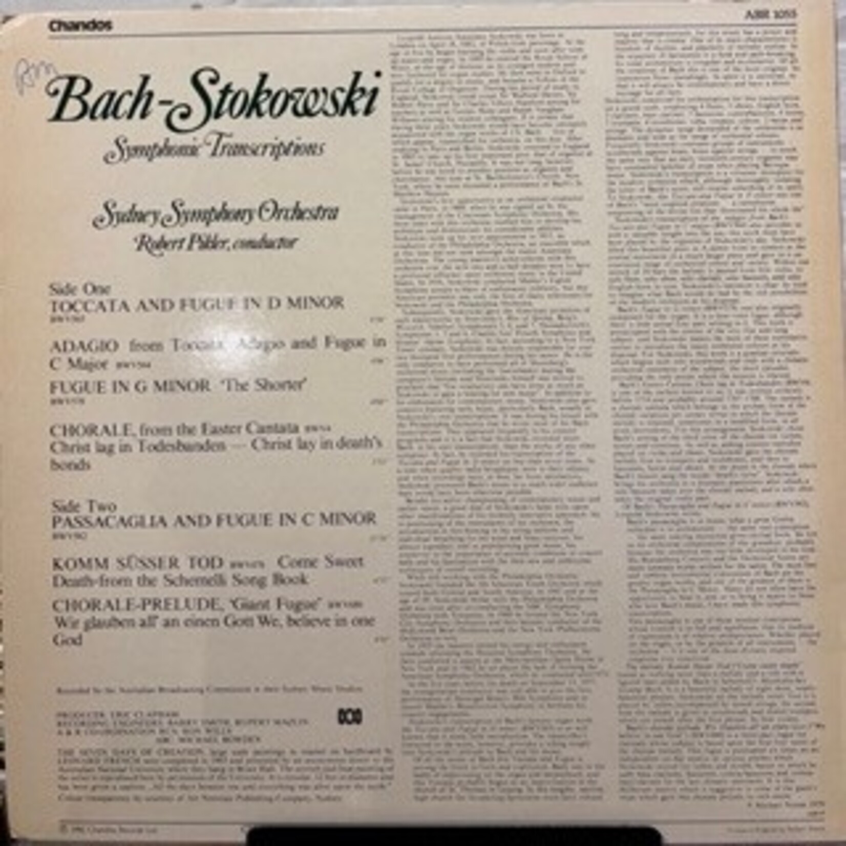 [Kollectible Vinyl] Bach, Stokowski, Sydney Symphony Orchestra, Robert Pikler : Symphonic Transcriptions (1982, UK, Audiophile Classical, Disc EX) [CHANDOS]