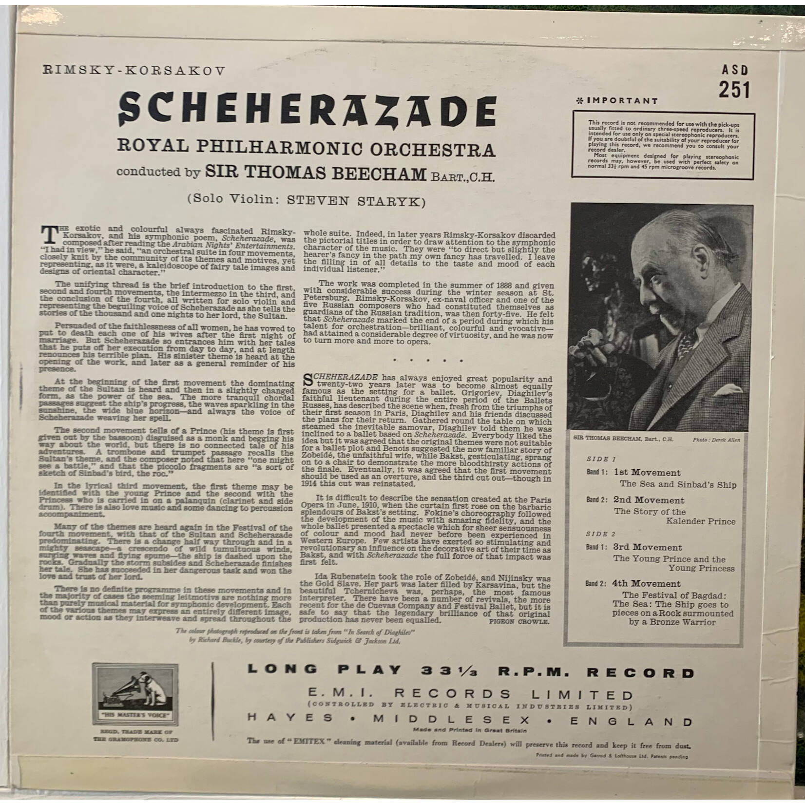 [Kollectible Vinyl] Rimsky-Korsakov, Royal Philharmonic Orchestra, Sir Thomas Beecham Bart., C.H.: Scheherazade (1963, UK, Classical, Stereo, KT Tax Stamp w/ OG Inner, Slight Click On Intro Track 1, EX) [HIS MASTERS]