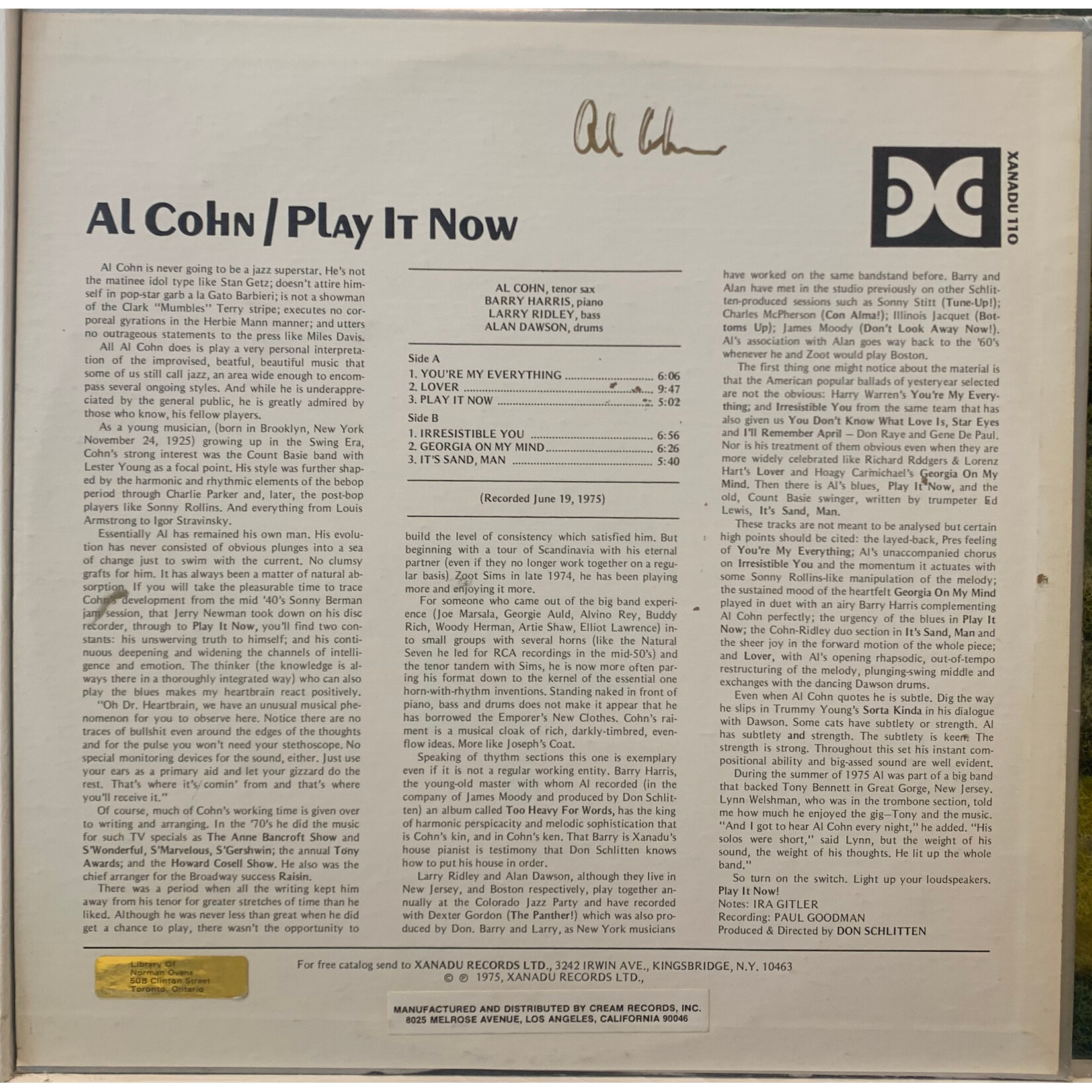 [Kollectible Vinyl] Cohn, Al: Play It Now (1975, USA, Autographed, EX) [XANADU]