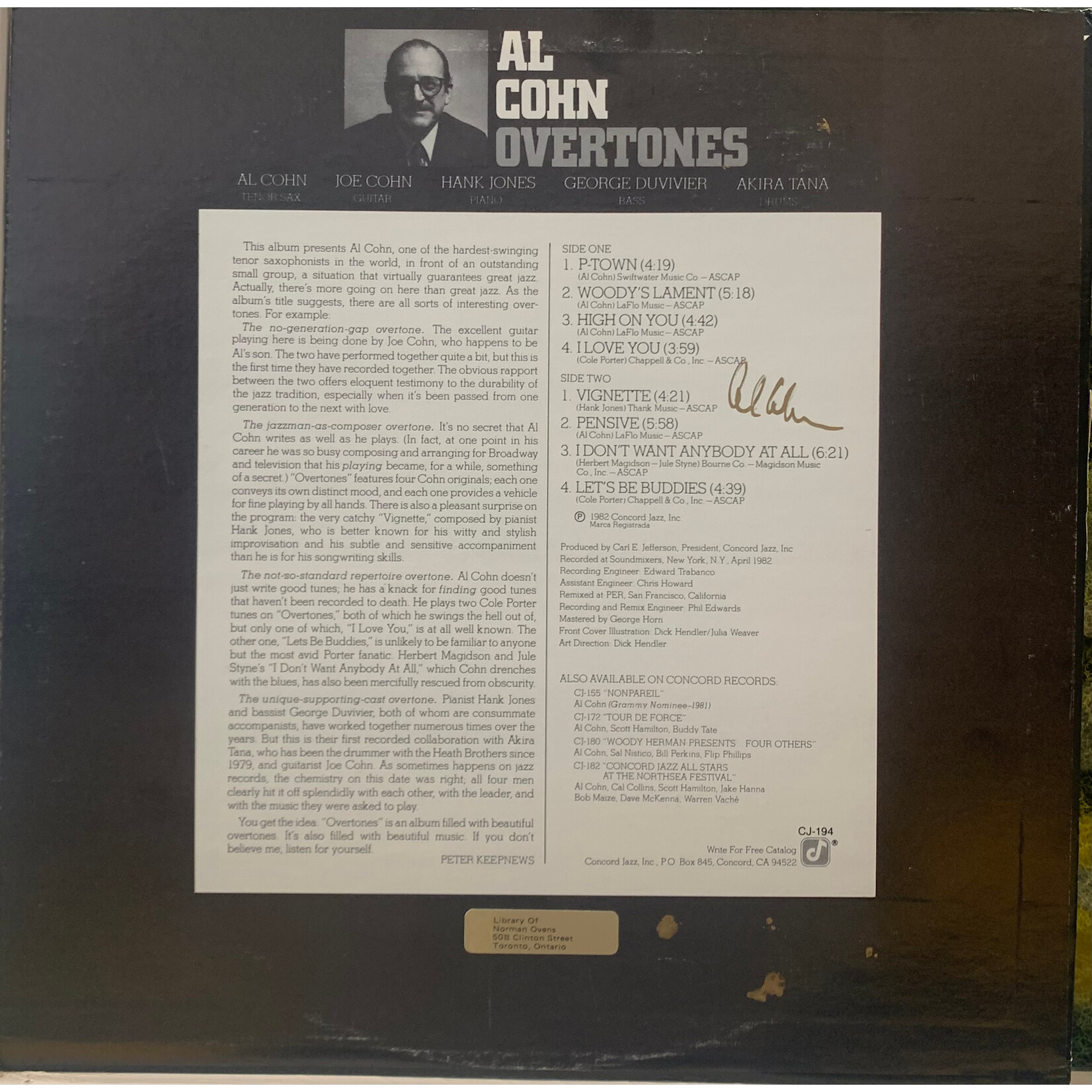 [Kollectible Vinyl] Cohn, Al: Overtones (1982, USA, Autographed, Ex) [CONCORD]
