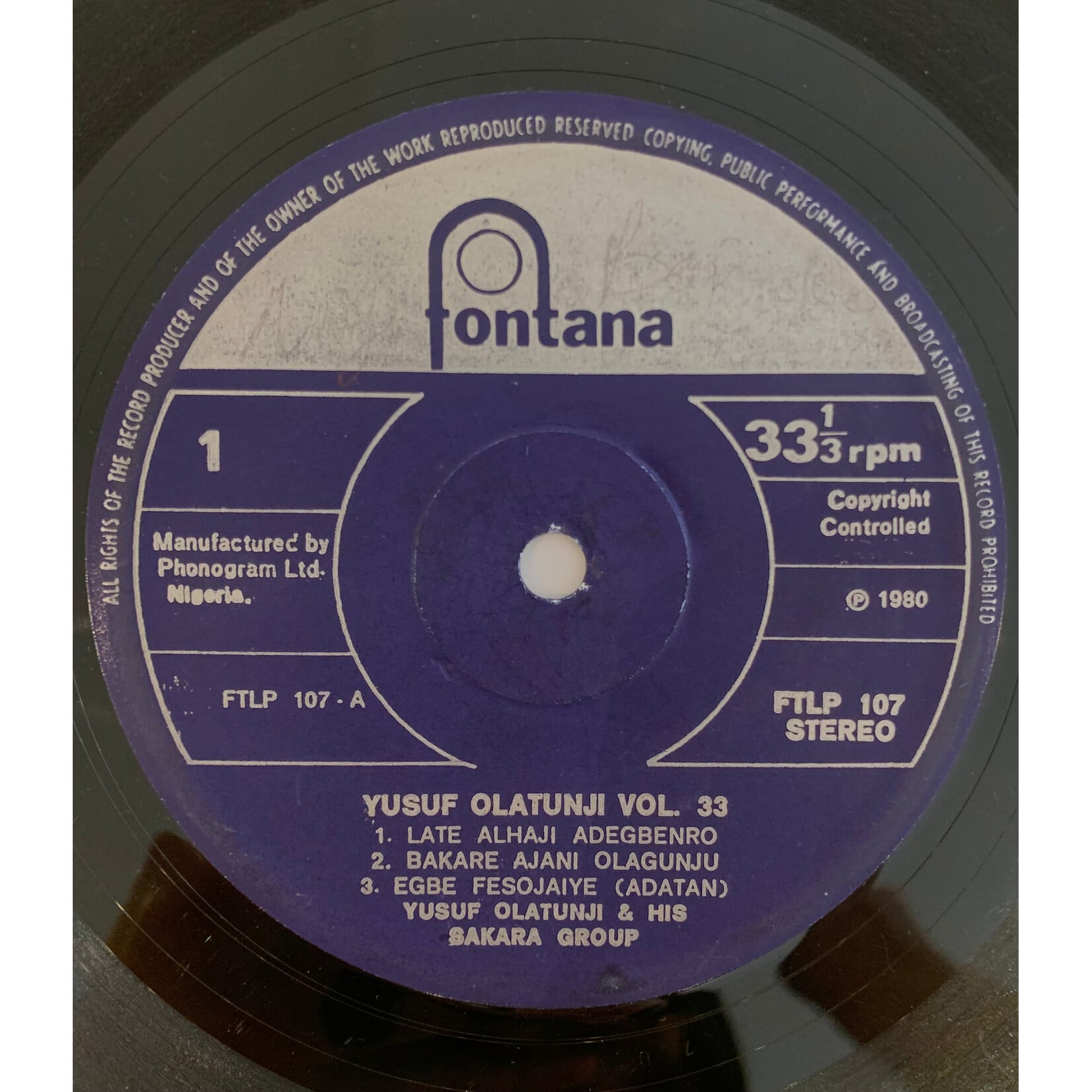 [Kollectible Vinyl] Olatunji, Yusufu & His Sakara Group: Volume 33 (Nigeria, 1980, G+, Volume Mismatch - Sleeve For Volume 30) [FONTANA]