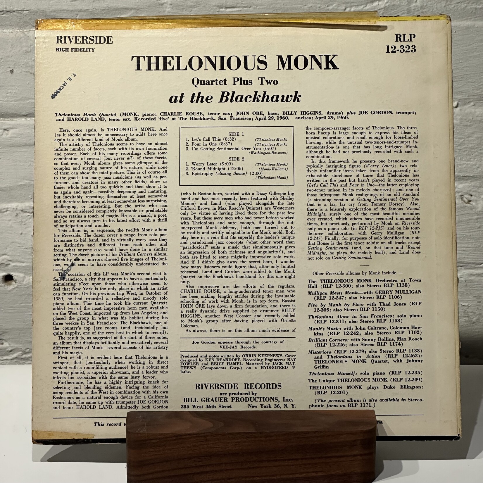 [Kollectible Vinyl] Monk, Thelonious Quartet Plus Two: At The Blackhawk (1960s, UK, Mismatch US Cover UK LP, Disc EX) [RIVERSIDE]