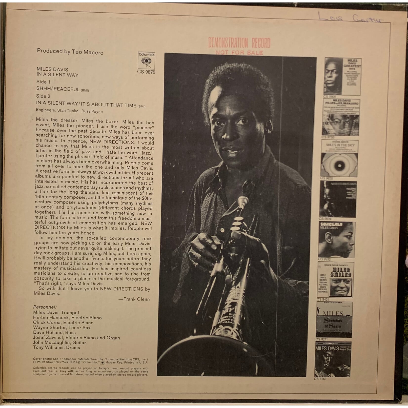[Kollectible Vinyl] Davis, Miles: In A Silent Way (1969, USA, 2 - Eye, Demo Stamp, VG+) [COLUMBIA]