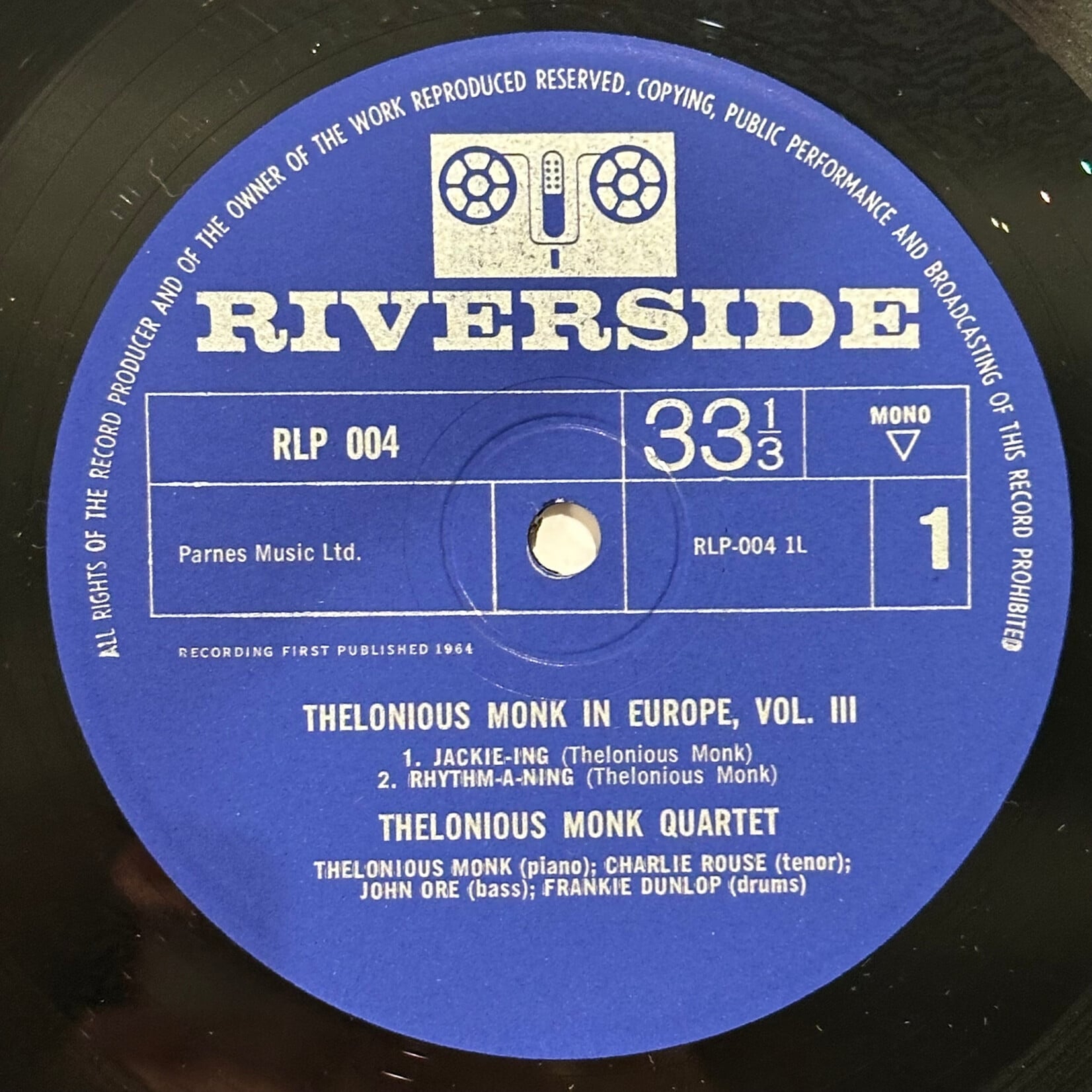 [Kollectible Vinyl] Monk, Thelonious Quartet: Thelonious Monk In Europe Vol. 3 (1964, UK, Disc EX) [RIVERSIDE]
