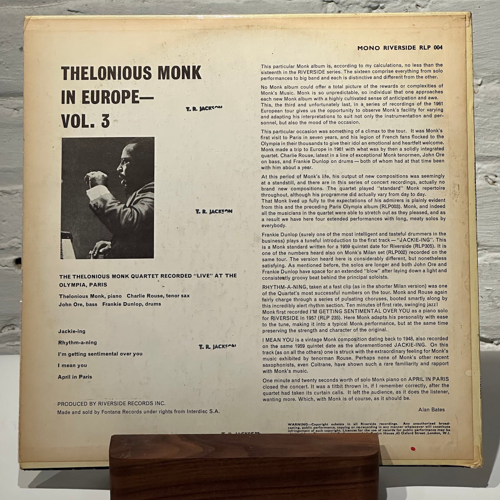 [Kollectible Vinyl] Monk, Thelonious Quartet: Thelonious Monk In Europe Vol. 3 (1964, UK, Disc EX) [RIVERSIDE]