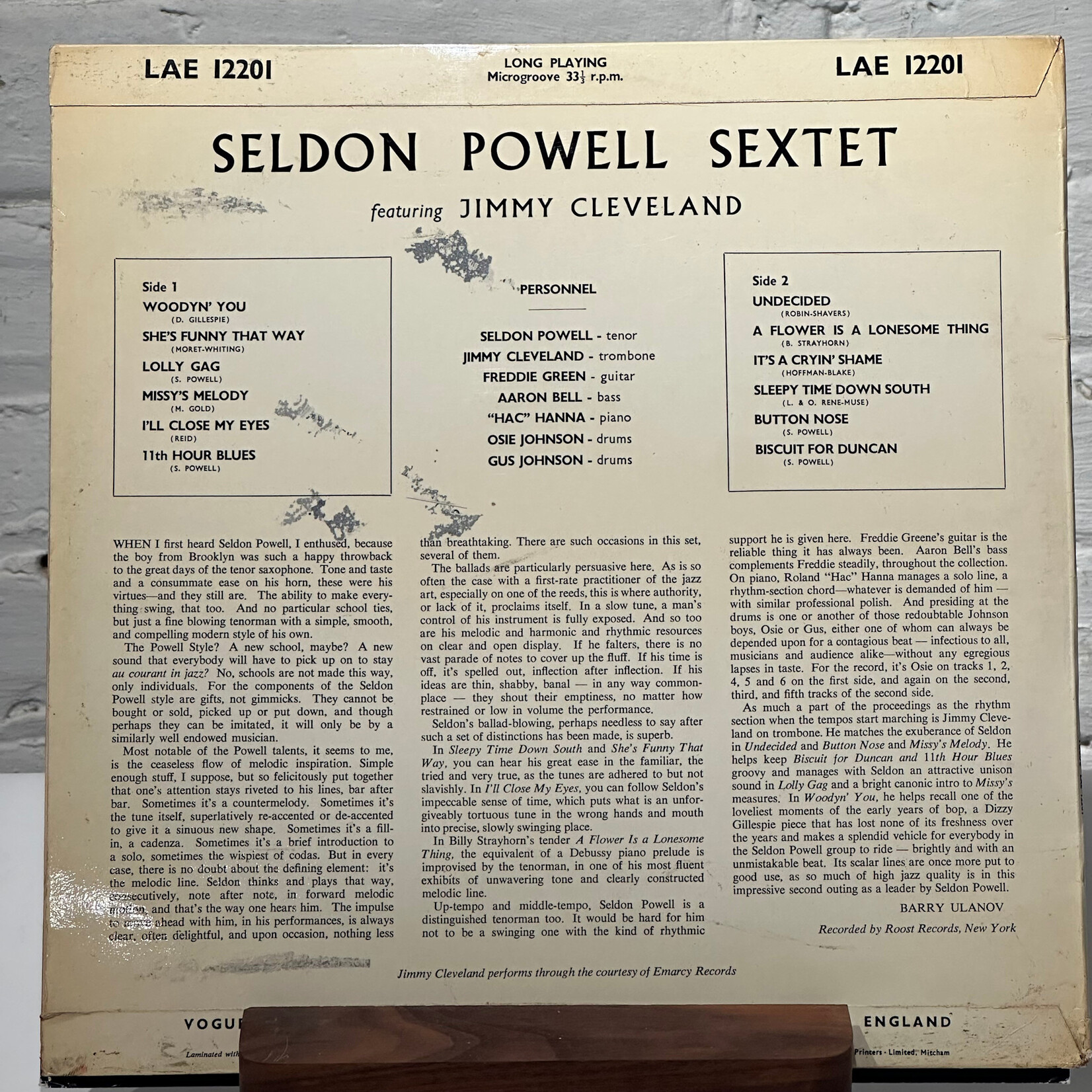 [Kollectible Vinyl] Powell, Seldon Sextet: Seldon Powell Sextet Featuring Jimmy Cleveland (1959, UK, VG+) [VOGUE]