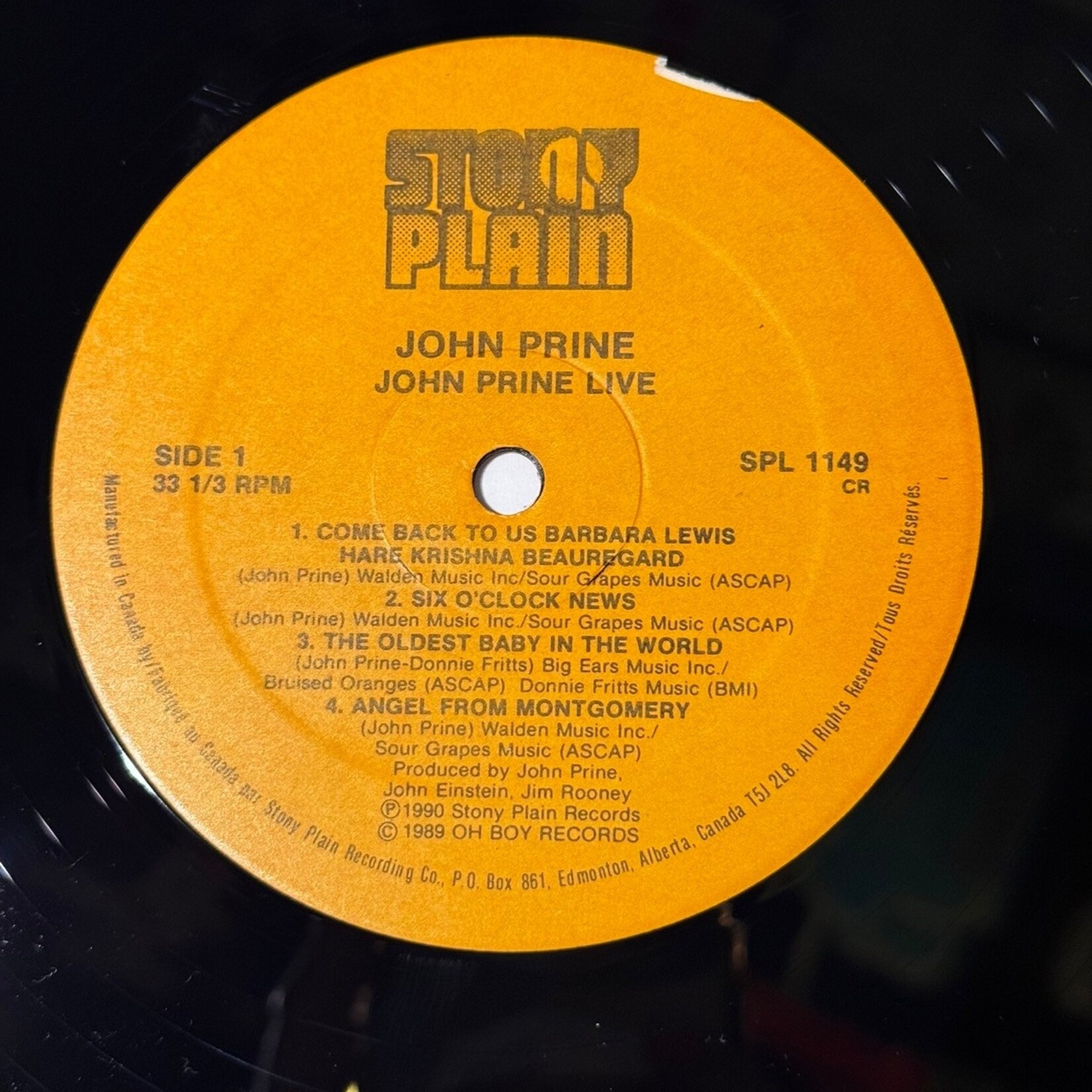 [Kollectible Vinyl] Prine, John: John Prine Live (1988, Canada, VG+) [STONY PLAIN]