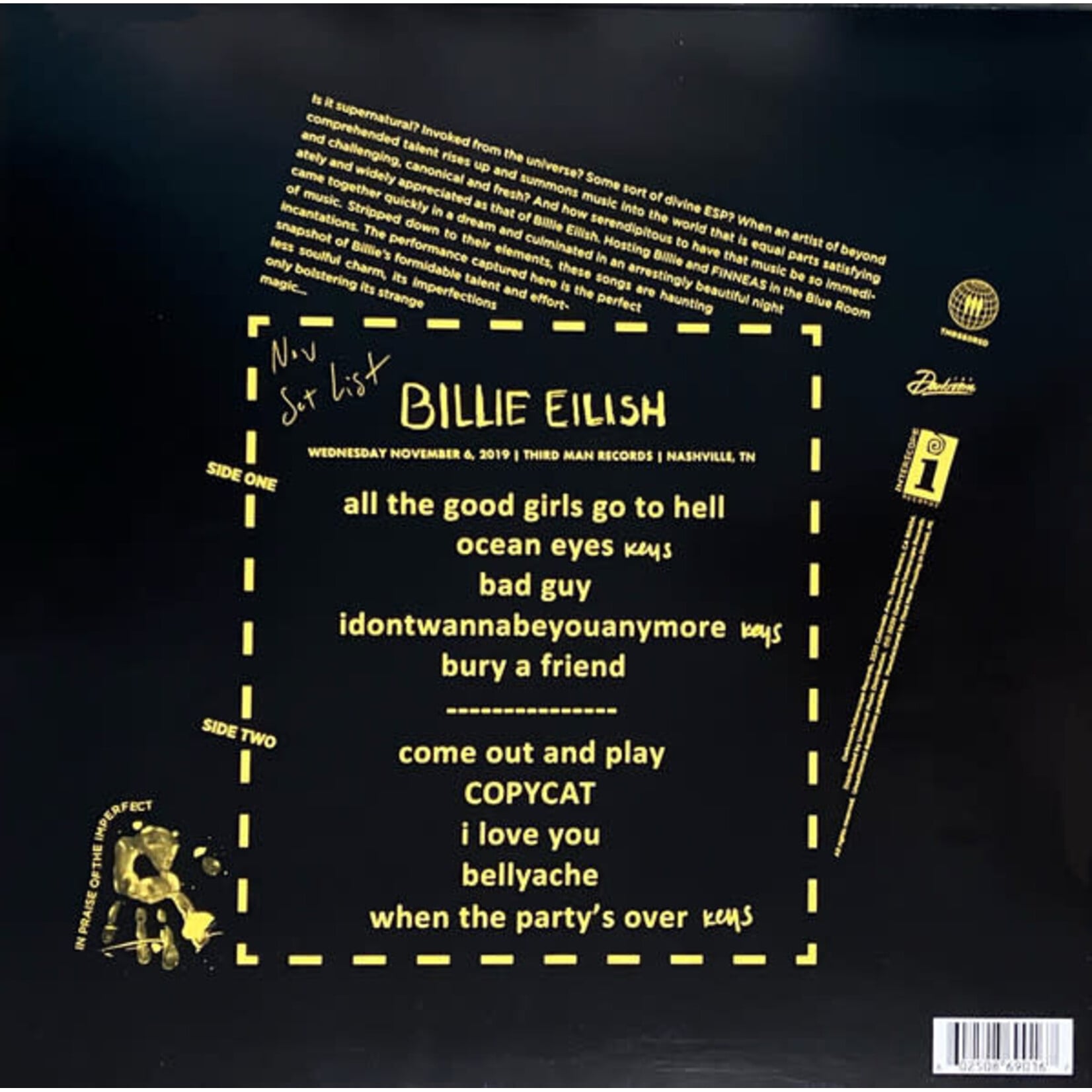 [Pop Girl] Eilish, Billie: Live At Third Man Records (2020, USA, Ltd. Ed. Blue, RSD, EX) [THIRD MAN]