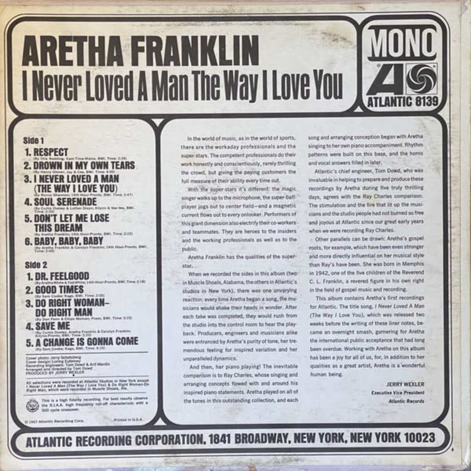 [Kollectible Vinyl] Franklin, Aretha: I Never Loved A Man The Way I Love You (1967, USA, Mono, In Shrink w/ Hype, VG+) [ATLANTIC]