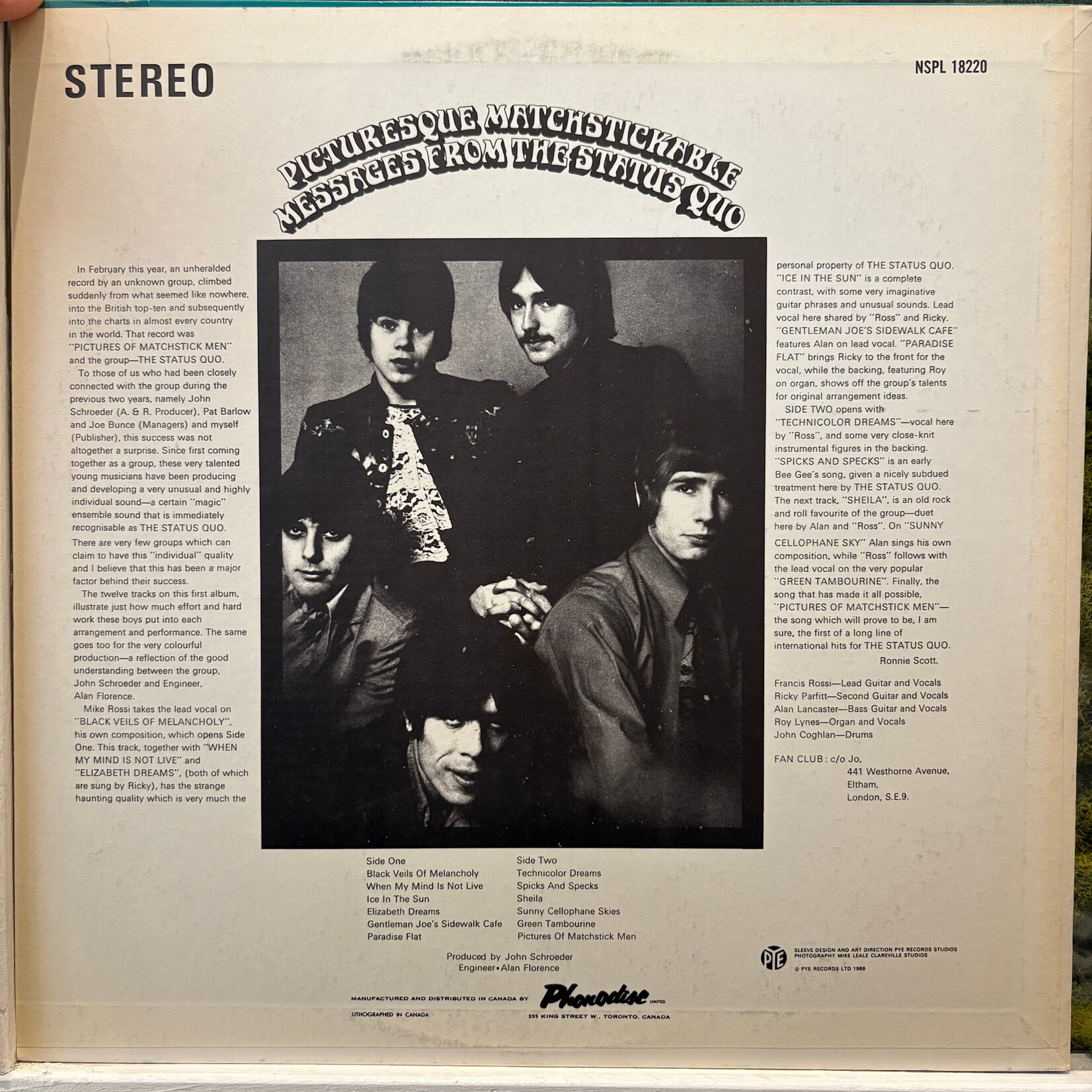 [Kollectible Vinyl] The Status Quo: Picturesque Matchstickable Messages From The Status Quo (1968, Canada, VG+) [PYE]