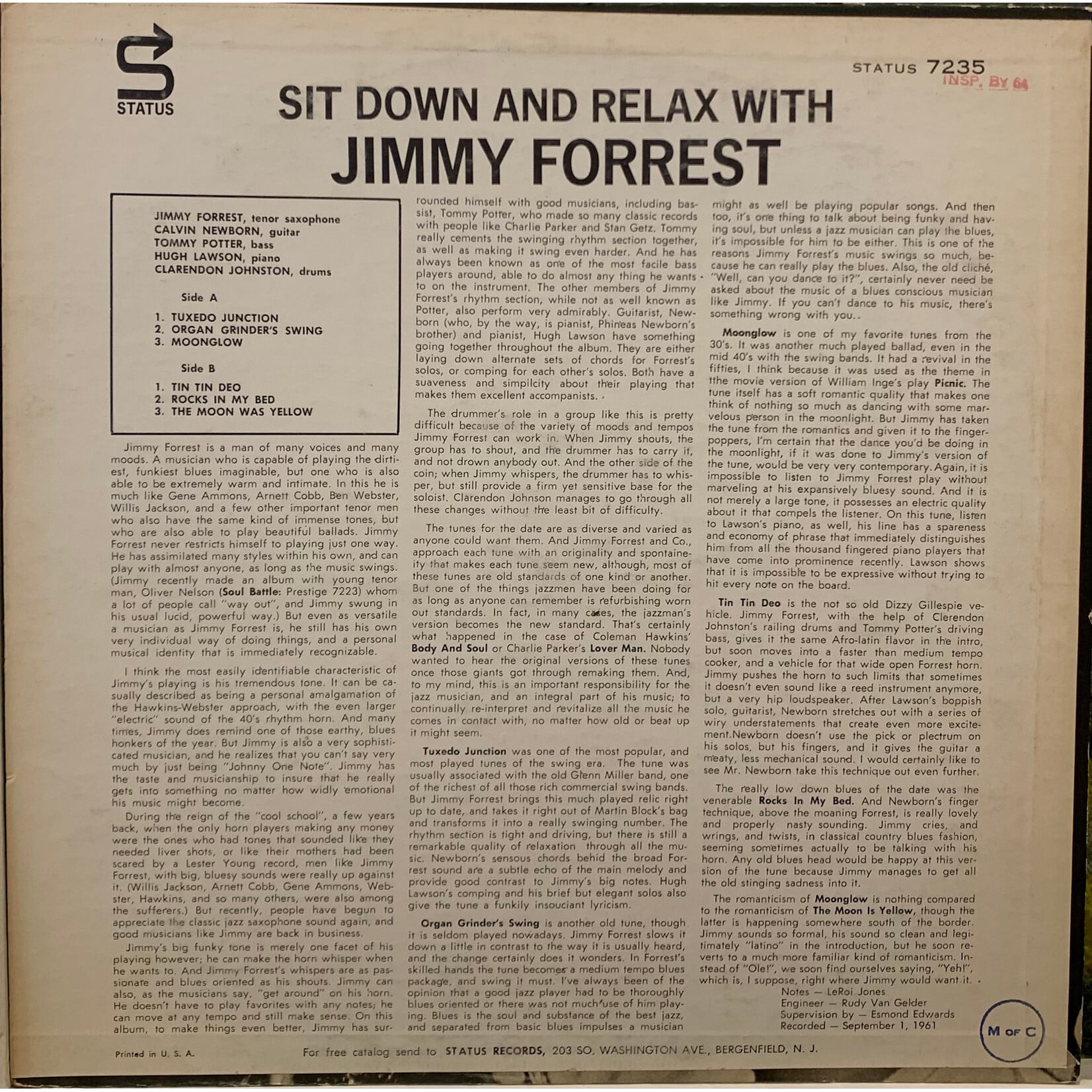 [Kollectible Vinyl] Forrest, Jimmy: Sit Down And Relax With Jimmy Forrest (1962, USA, Bergenfield, Disc VG+) [PRESTIGE]