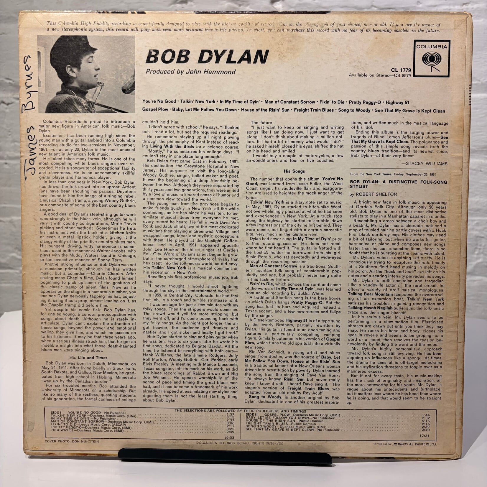 [Kollectible Vinyl] Dylan, Bob: Self-Titled (1962, USA, Mono, 6-Eye, G+) [COLUMBIA]