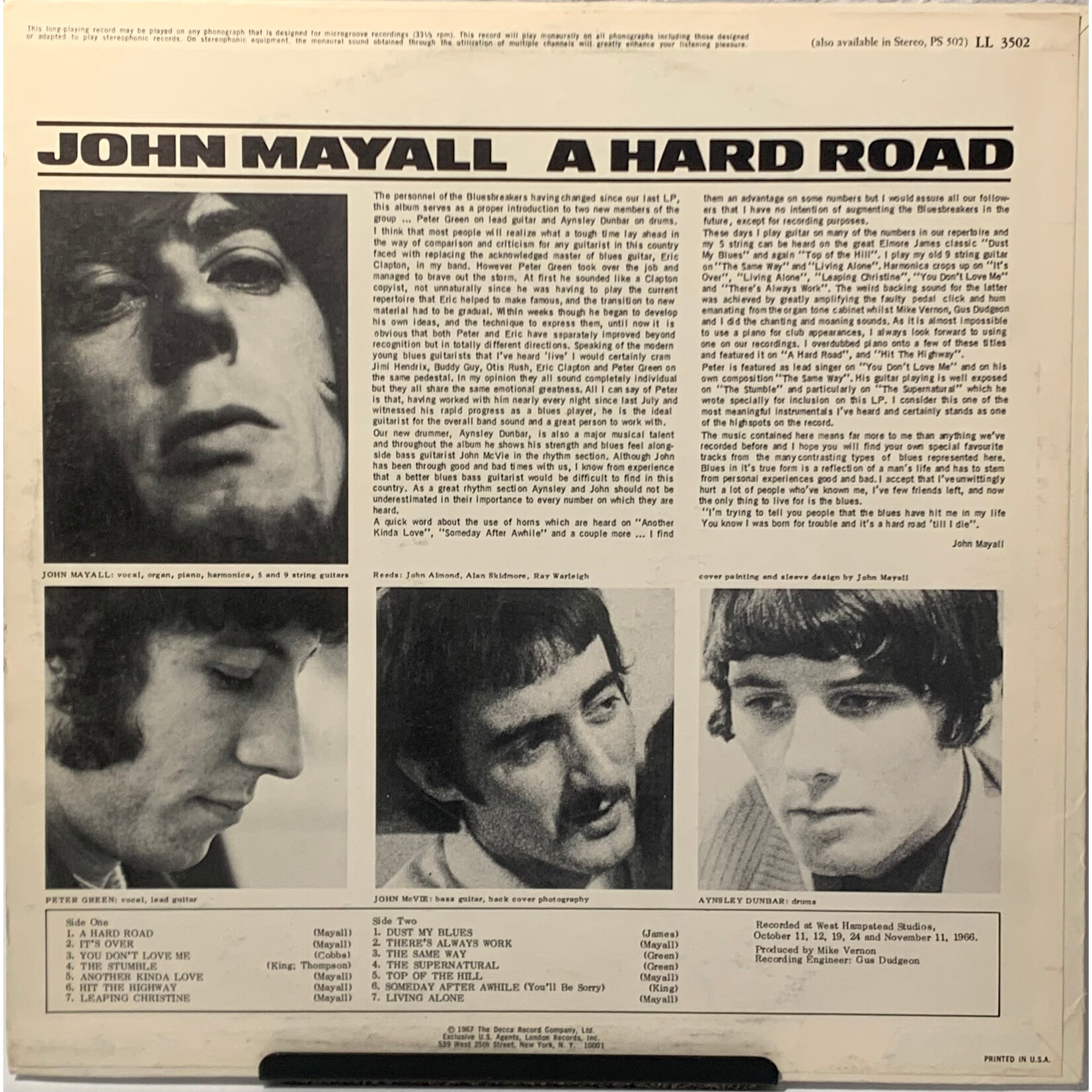 [Kollectible Vinyl] Mayall, John And The Bluesbreakers: A Hard Road (1967, USA, w/ Inner, VG+) [LONDON]