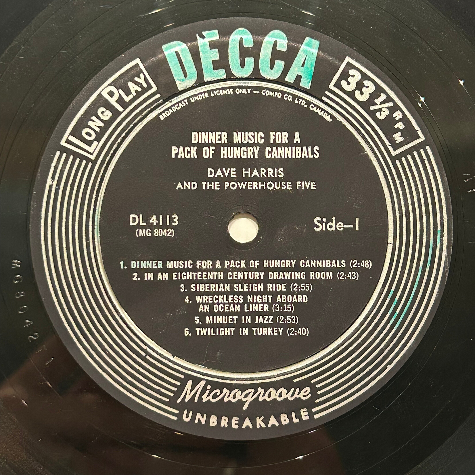 Dave Harris And The Powerhouse Five - Dinner Music For A Pack Of Hungry Cannibals (1961, Canada, Novelty, VG+)