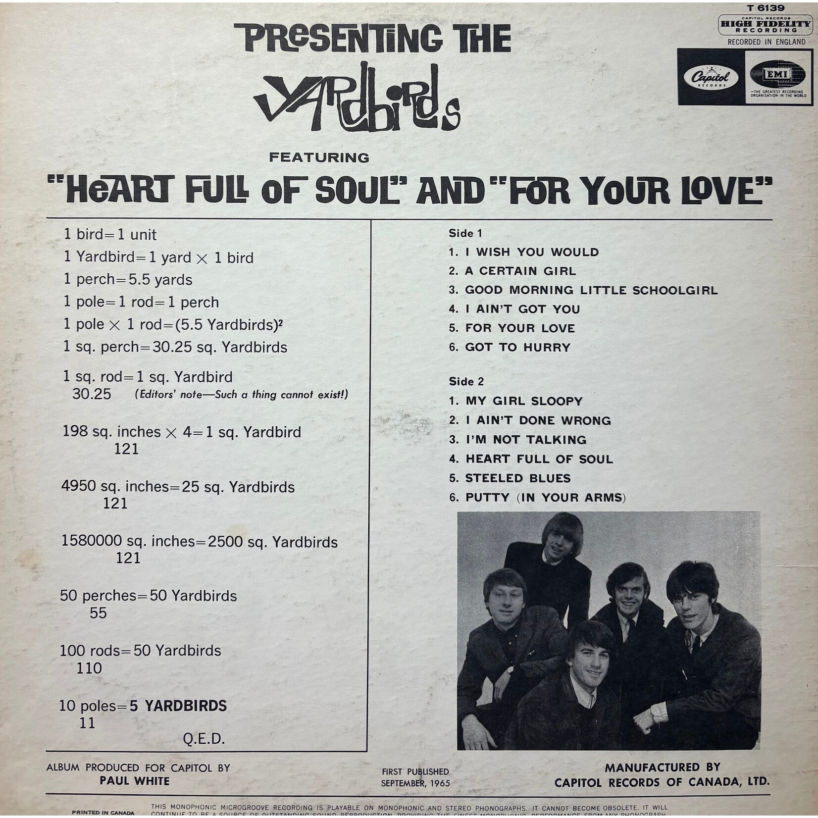 The Yardbirds: Heart Full Of Soul (1965, Canada, Mono Capitol 6000, Disc VG+) [CAPITOL]