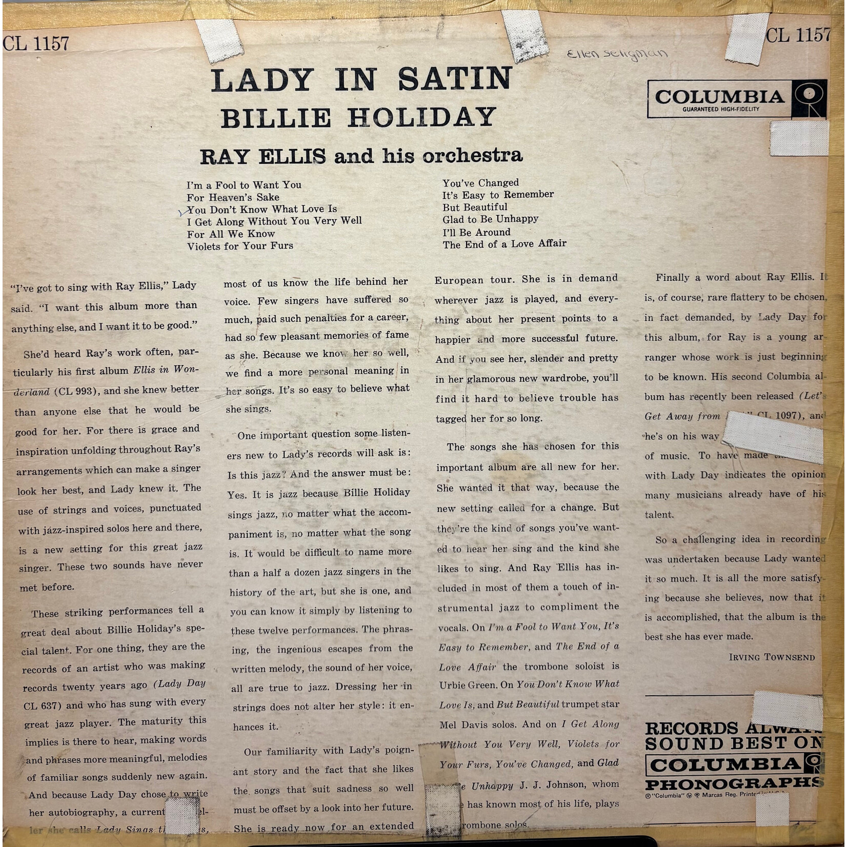Billie Holiday with Ray Ellis and His Orchestra - Lady In Satin (1958, USA, Mono 6-Eye, G+)