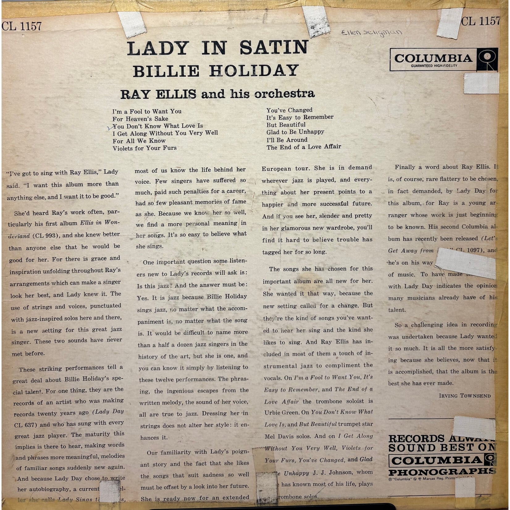 Holiday, Billie, Ray Ellis And His Orchestra: Lady In Satin (1958, USA, Mono 6-Eye, G+) [COLUMBIA]