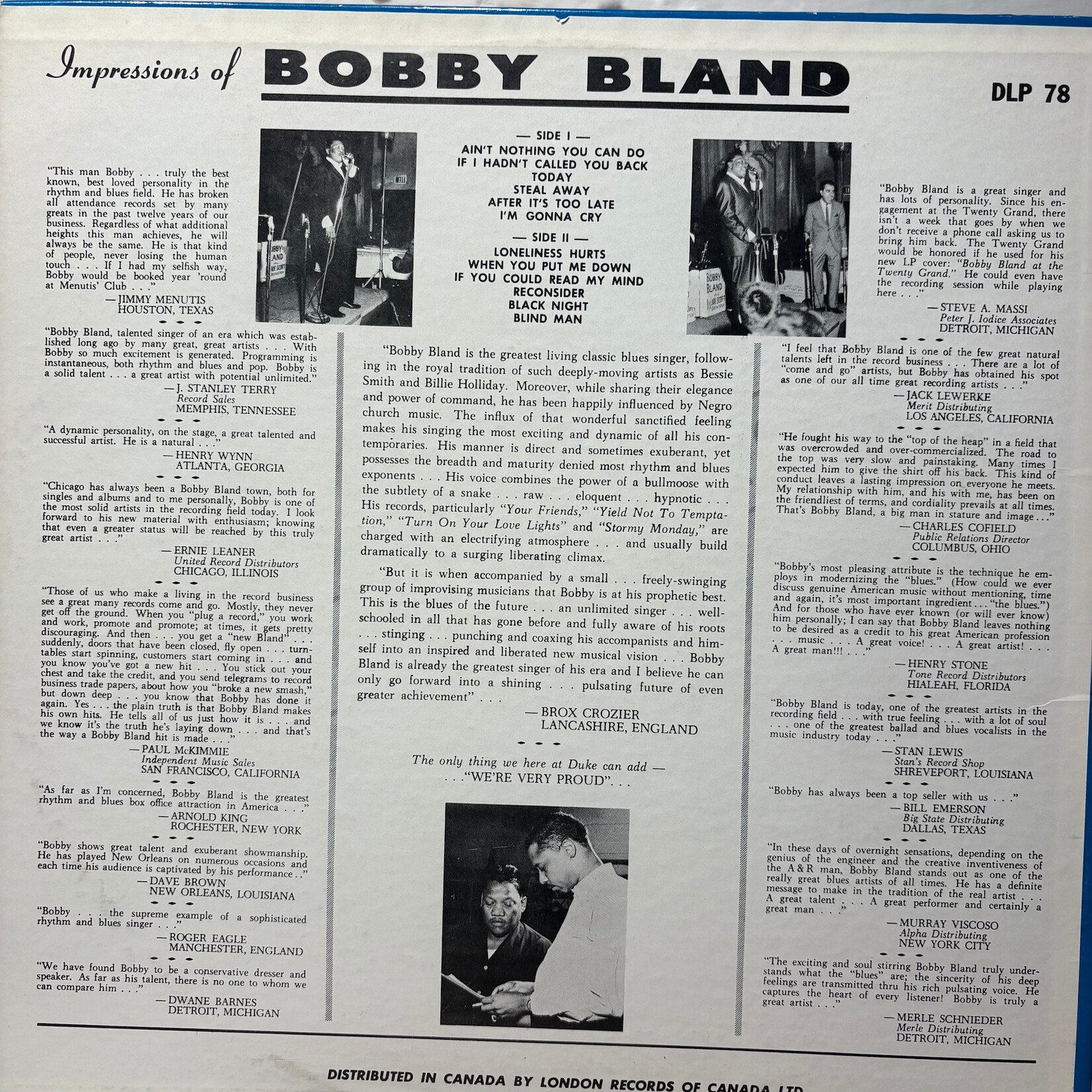 Bland, Bobby: Ain't Nothing You Can Do (1964, Canada, VG+) [ DUKE]