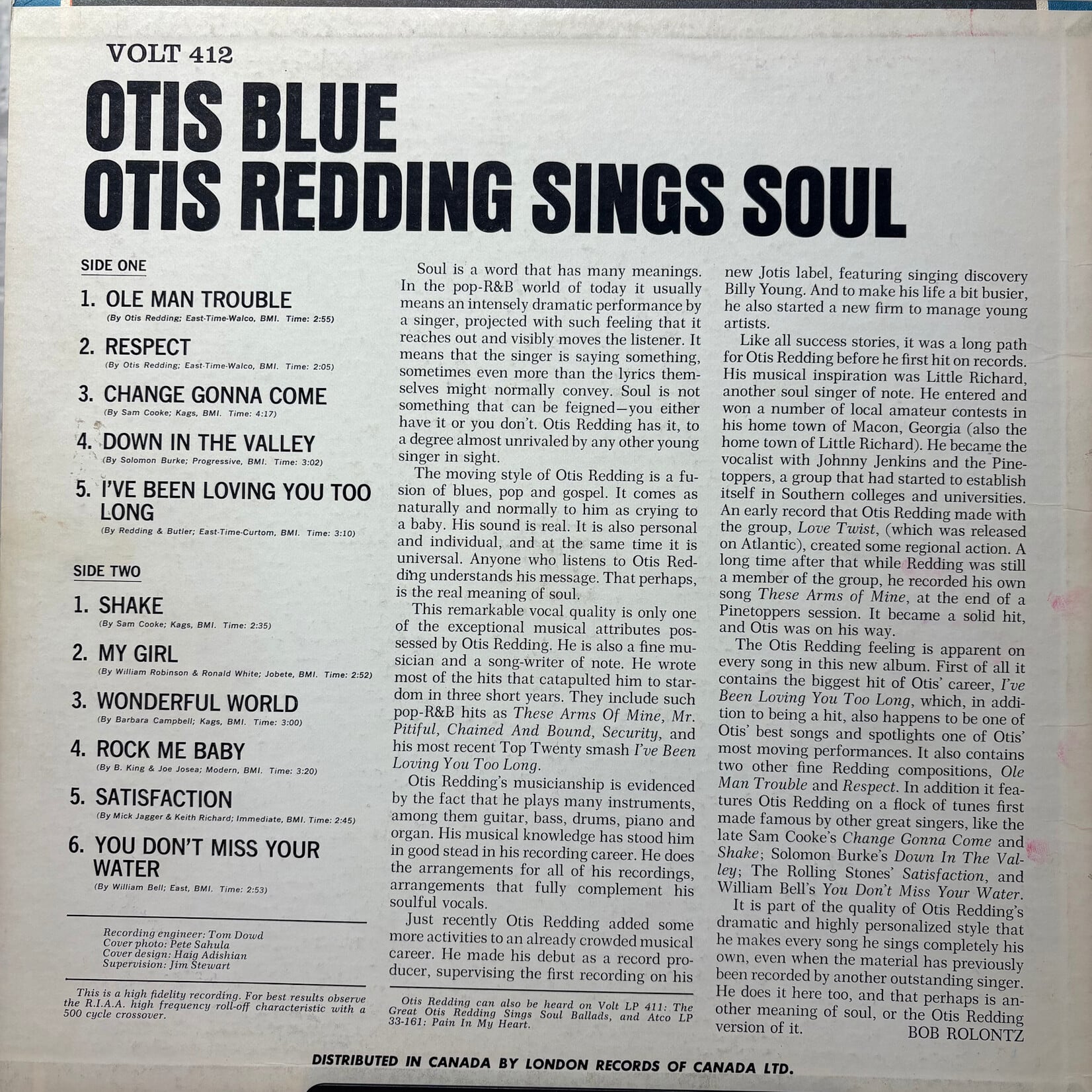 Redding, Otis : Otis Blue / Otis Redding Sings Soul (1965, Canada, VG) [VOLT]