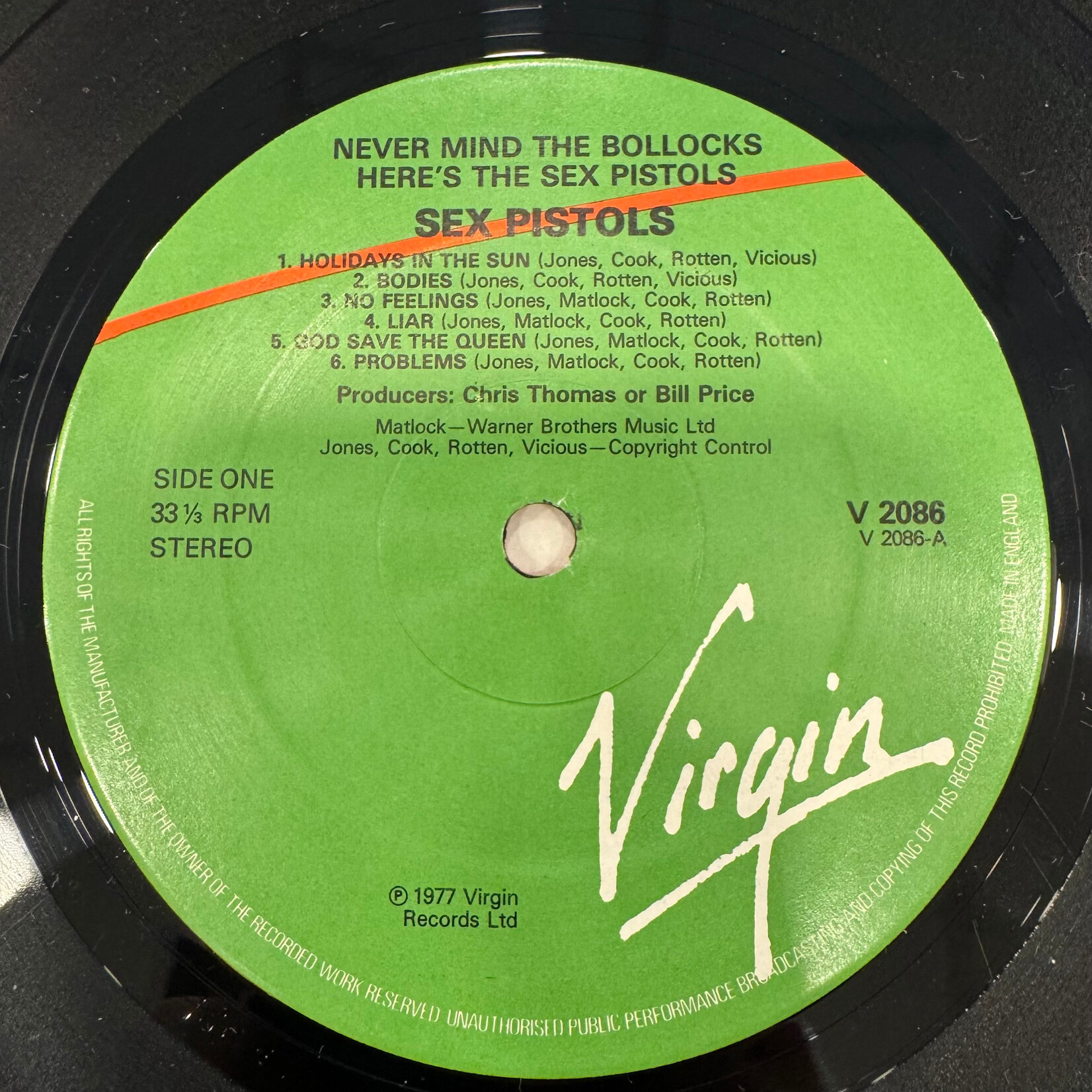 Sex Pistols: Never Mind The Bollocks Here's The Sex Pistols (1978, UK, Red/Green Virgin, Disc VG+) [VIRGIN]