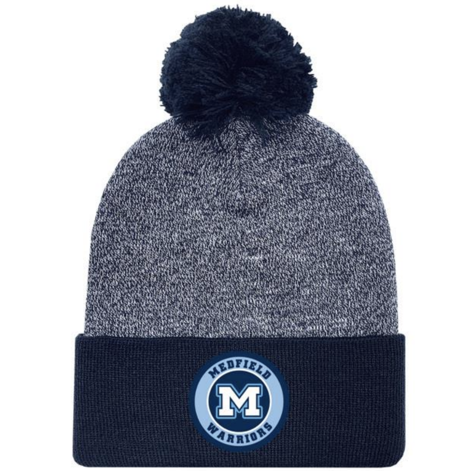 Legacy - Adult Knit Hats - Navy Marled with Medfield Circle - Pom Cuffed