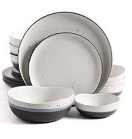 GIBSON 16pc Dinnerware Set White Speckled w/ Black and Blue