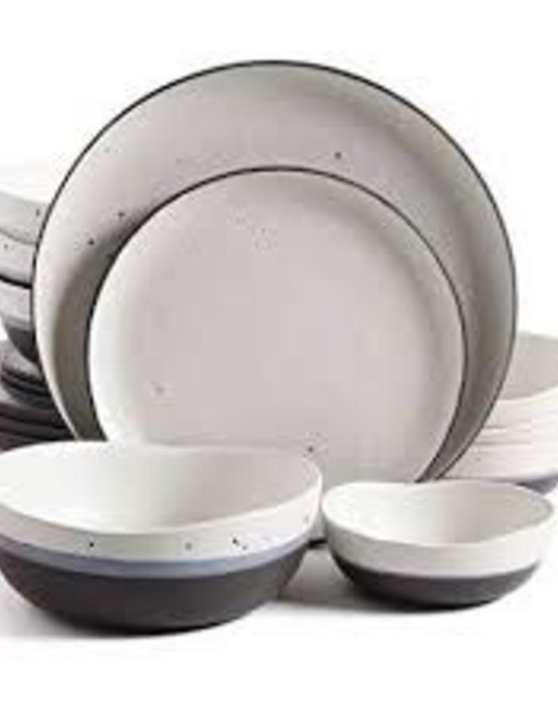 GIBSON 16pc Dinnerware Set White Speckled w/ Black and Blue