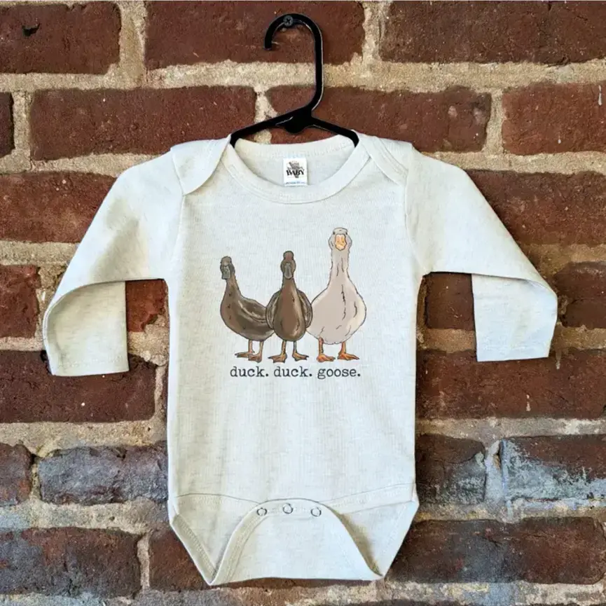 "Duck. Duck. Goose" Beige Baby Body Suit (Long Sleeves)